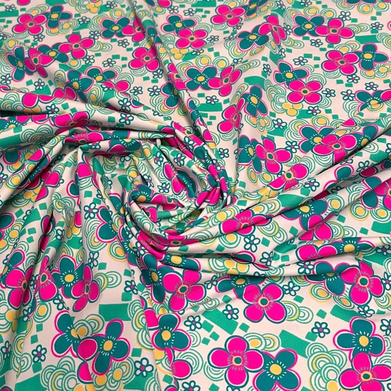 4 Way Stretch Print Nylon Spandex Fabric By The Yard Tricot Swim Wear Bikini Active Wear Jade Pink Multicolor Daisy 70s Retro Vintage