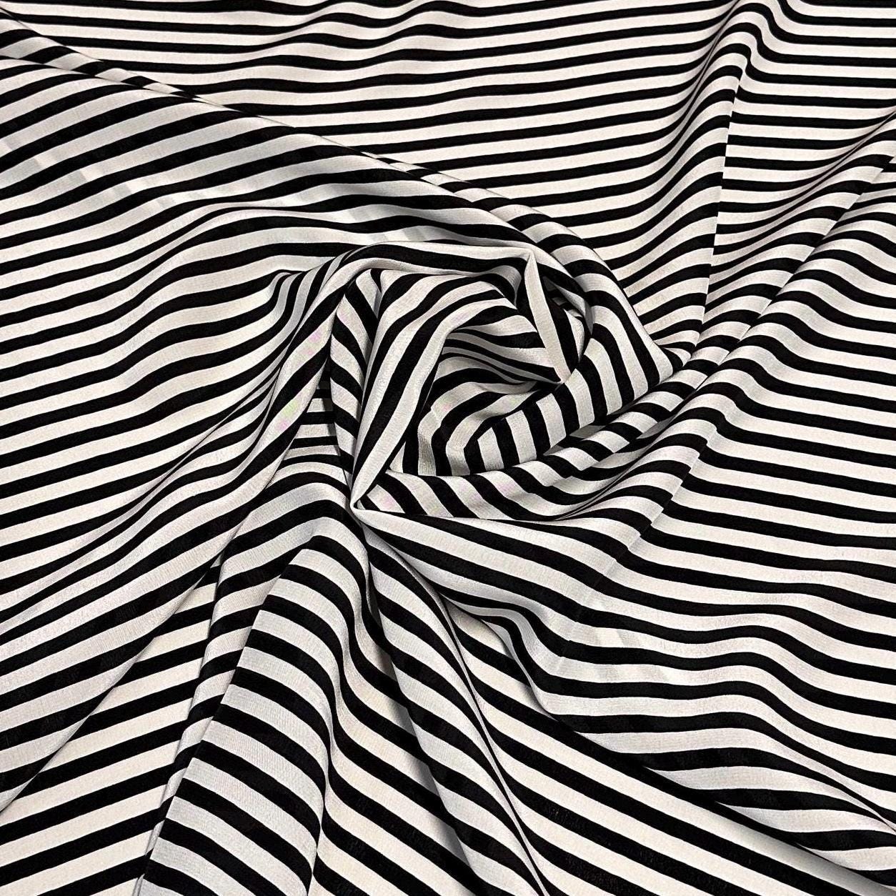 100% Silk Crepe De Chine CDC Stripe Silk Fabric By The Yard Black White 45 inch