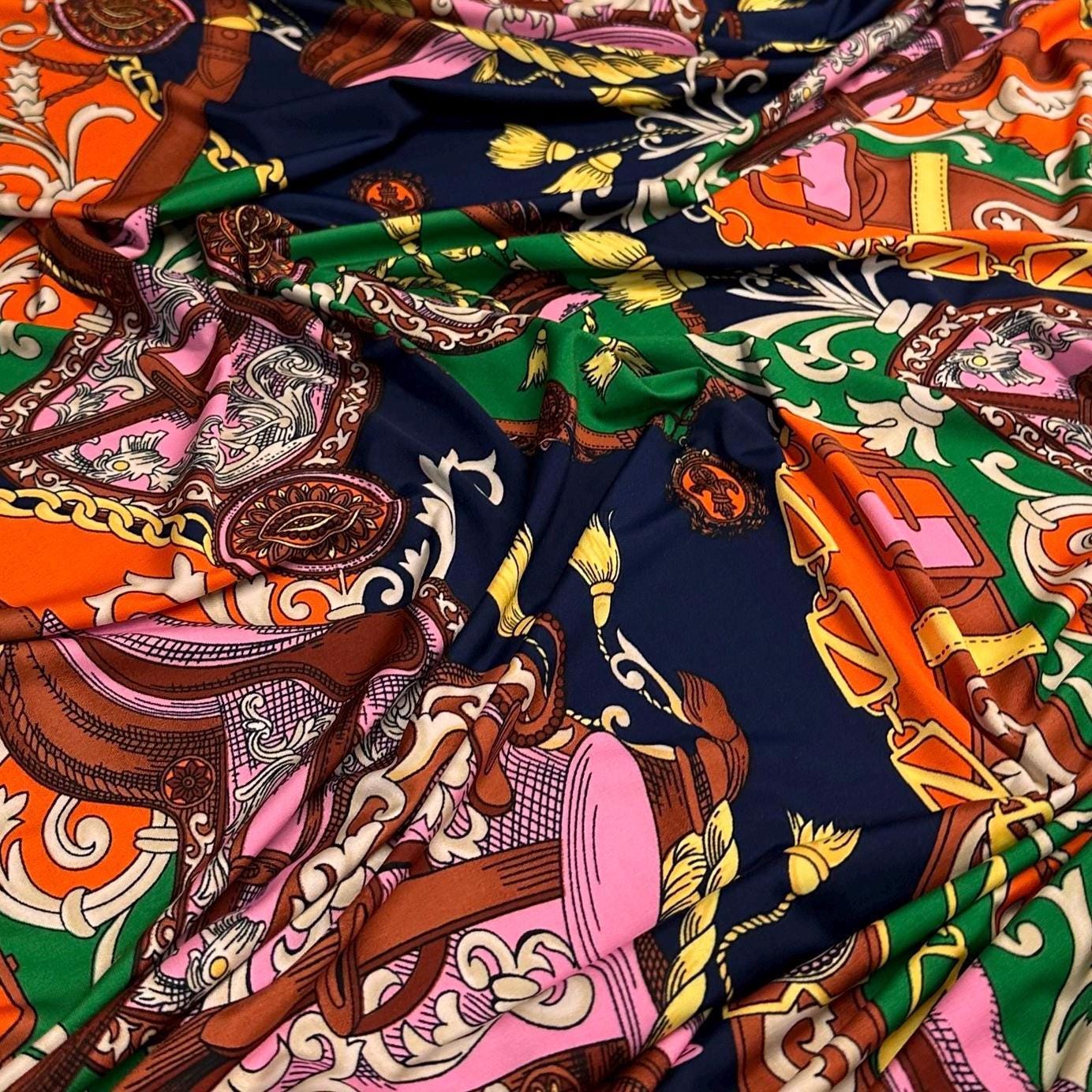 Venezia Poly Spandex Print Luxury Baroque-Inspired Print Elegant and Sophisticated Design Chains By The Yard Navy Orange