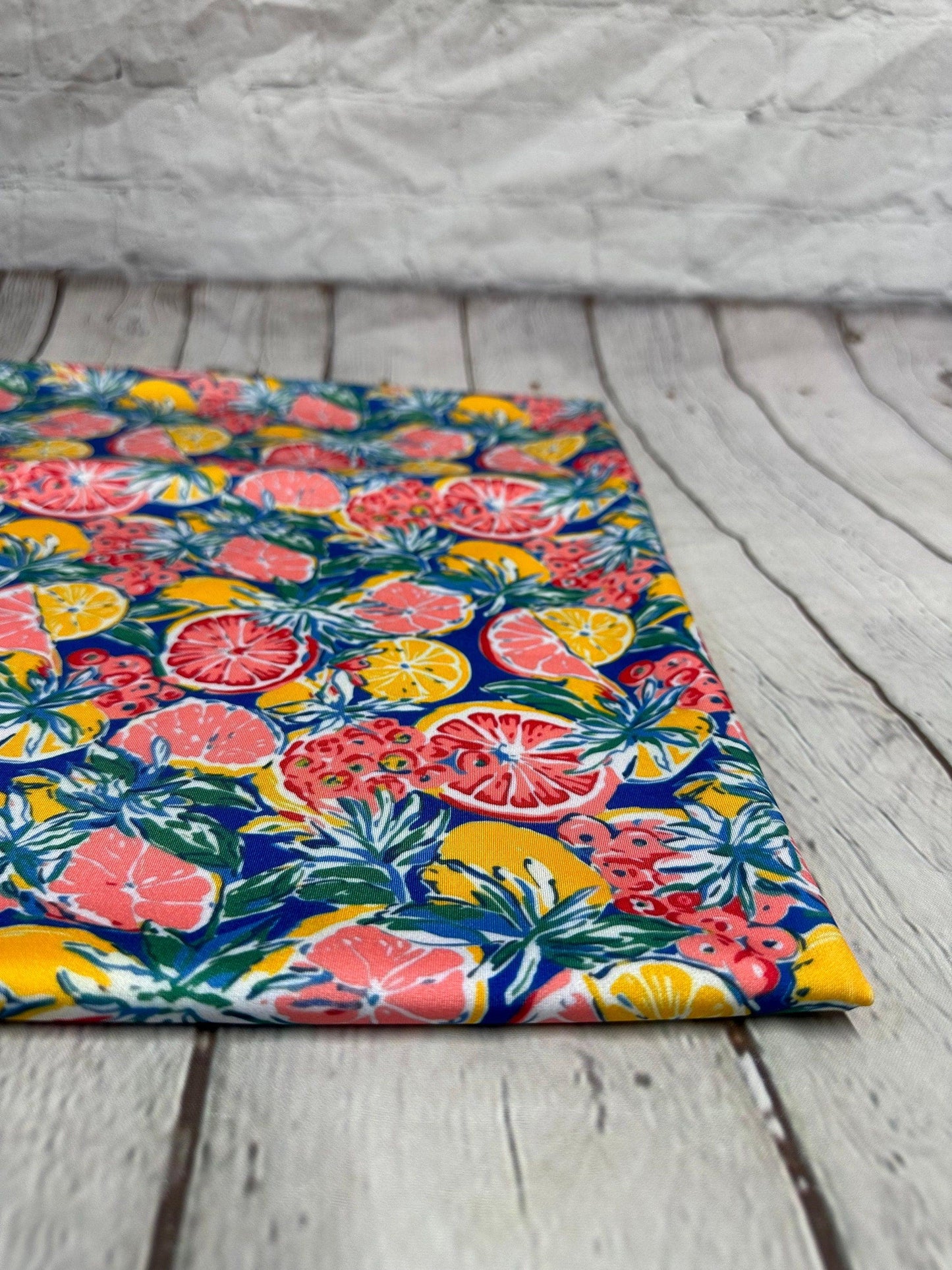 4 Way Stretch Print Spandex Fabric By The Yard Tricot Swim Wear Bikini Tropical Teal Lemon Fruit Orange Floral 280 GSM