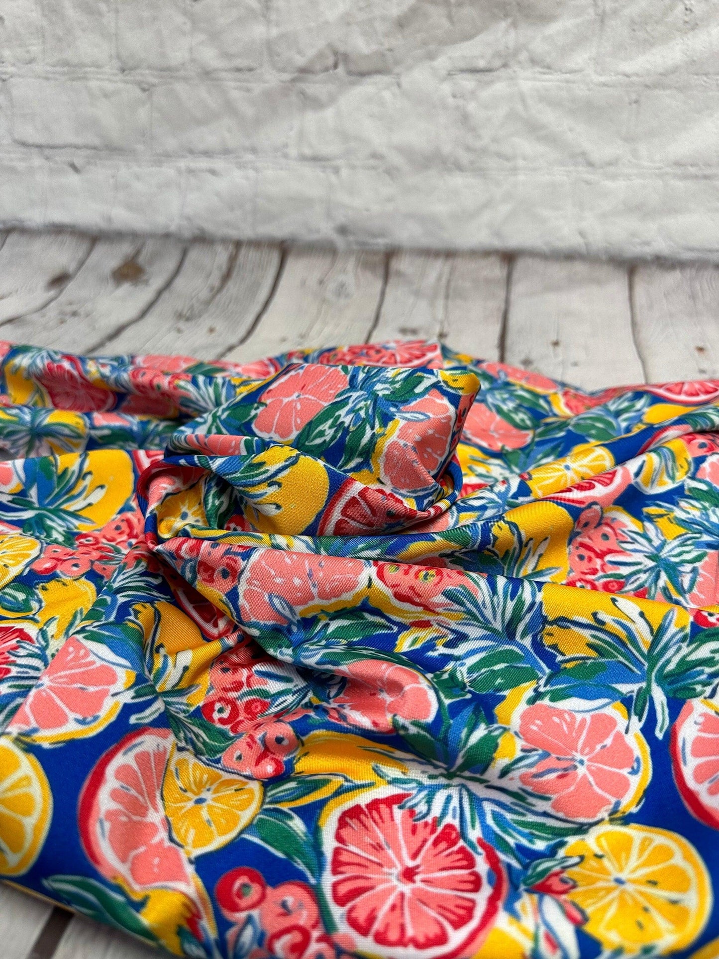 4 Way Stretch Print Spandex Fabric By The Yard Tricot Swim Wear Bikini Tropical Teal Lemon Fruit Orange Floral 280 GSM