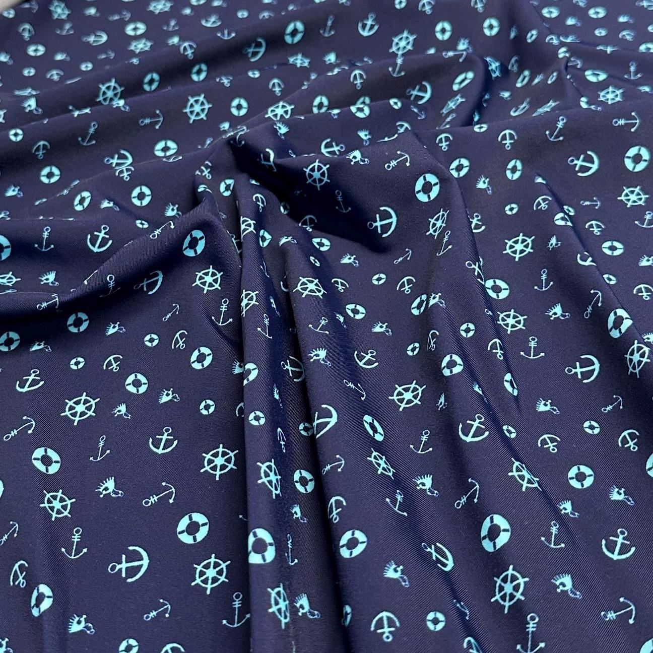 4 Way Stretch Print Nylon Spandex Fabric By The Yard Tricot Swim Wear Bikini Active Wear Mini Sailor Anchor Boat Symbols Navy
