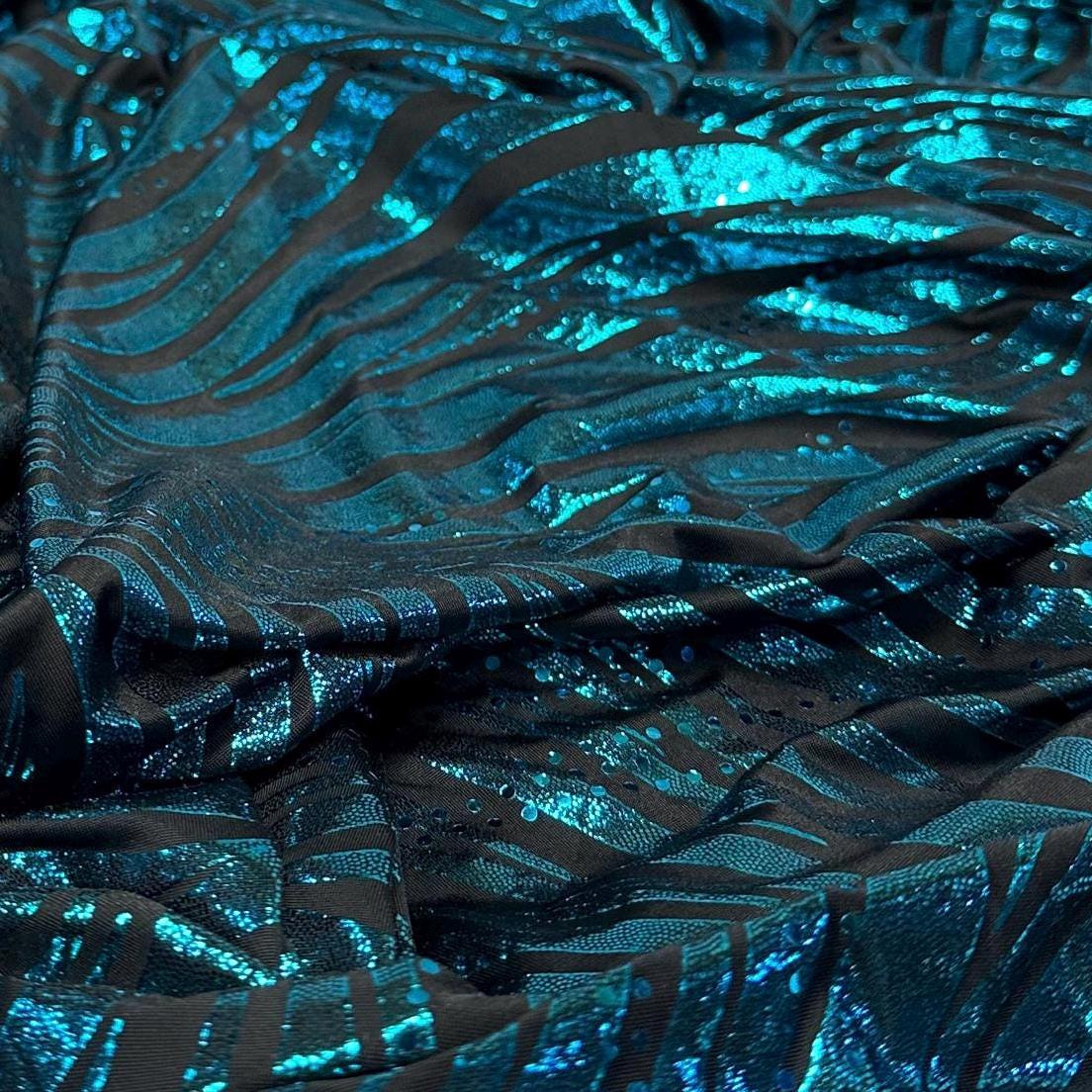 Foil Sequins Lurix Venezia 4 Way Flowy Polyester Spandex Knit Fabric By The Yard Dresses, Skirts, Swim Wear, Dance Wear Animal Zebra Print