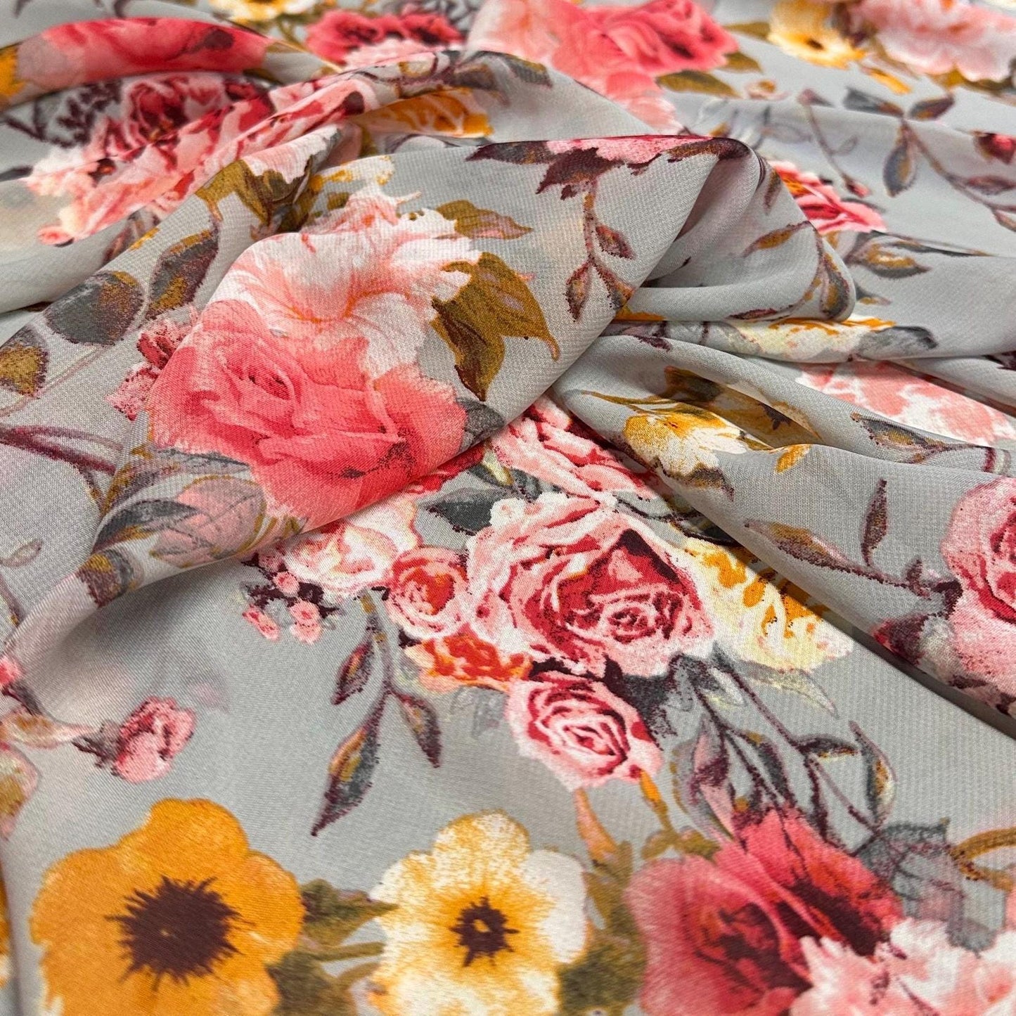 Polyester Chiffon Woven Print Fabric By The Yard Silver Flower Summer Floral Print Summer Flowy Dress