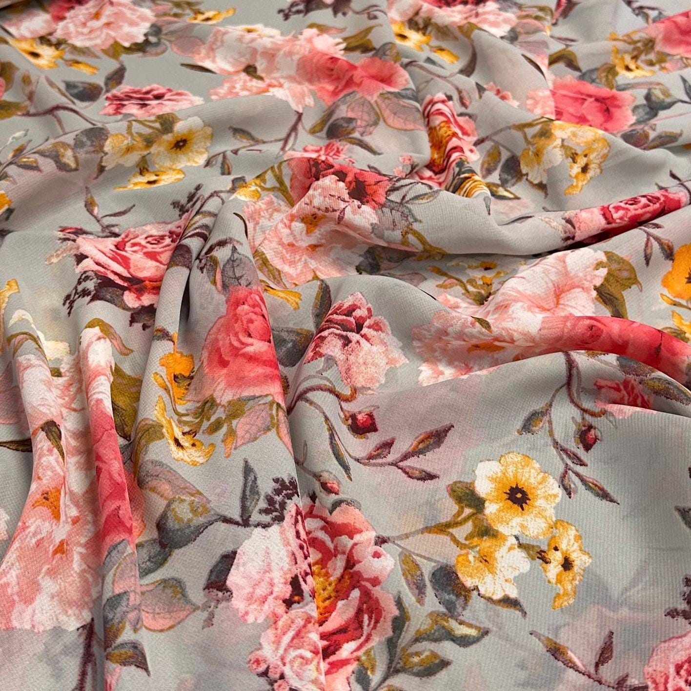 Polyester Chiffon Woven Print Fabric By The Yard Silver Flower Summer Floral Print Summer Flowy Dress