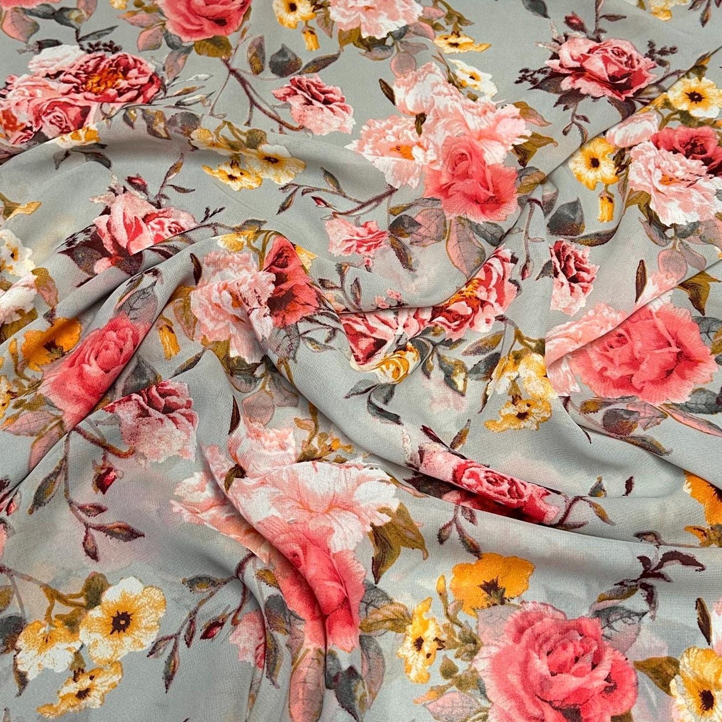 Polyester Chiffon Woven Print Fabric By The Yard Silver Flower Summer Floral Print Summer Flowy Dress