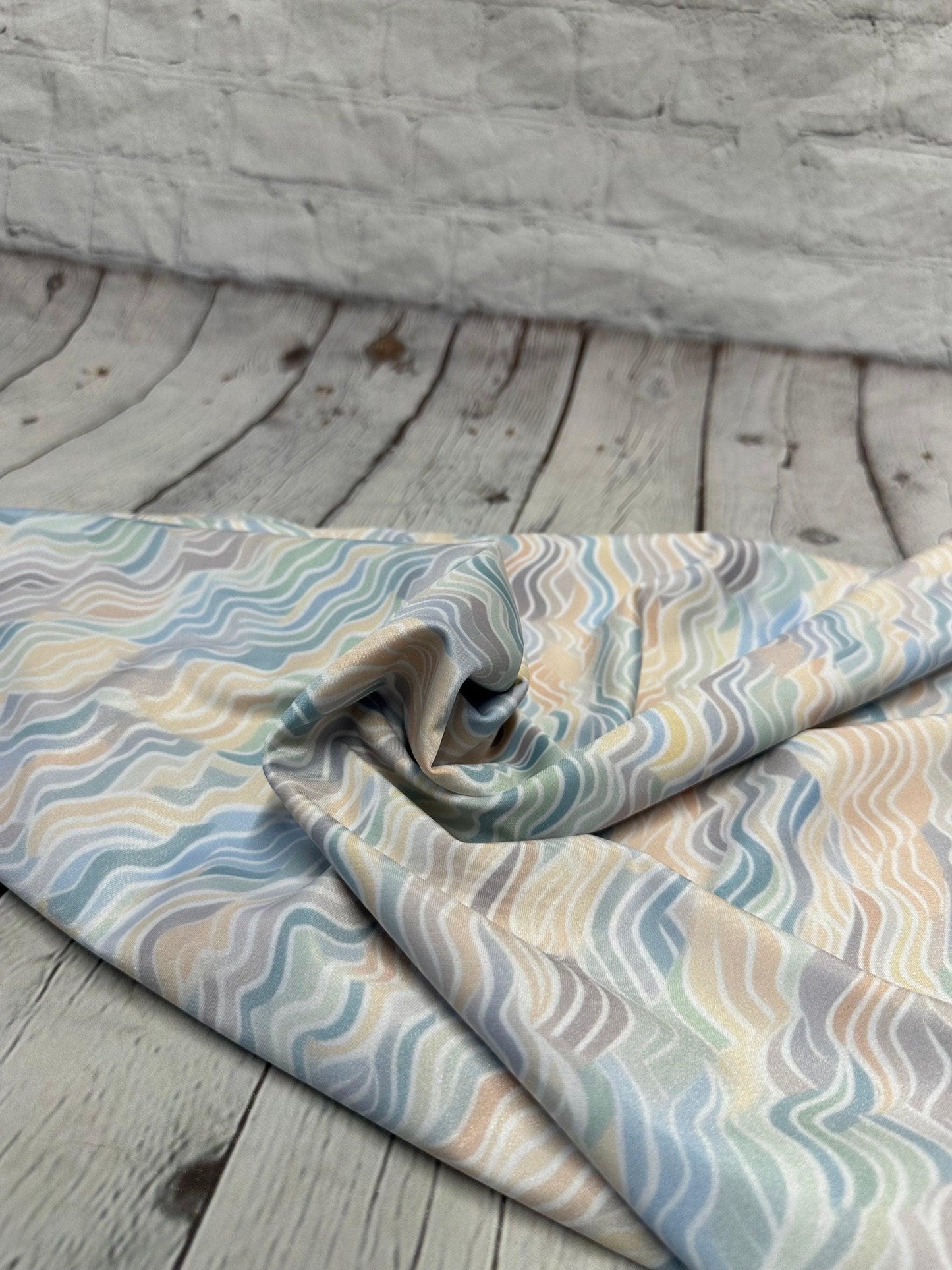 4 Way Stretch Print Spandex Fabric By The Yard Tricot Swim Wear Bikini Pastel Multi Mini Hazy Wave Water 280 GSM