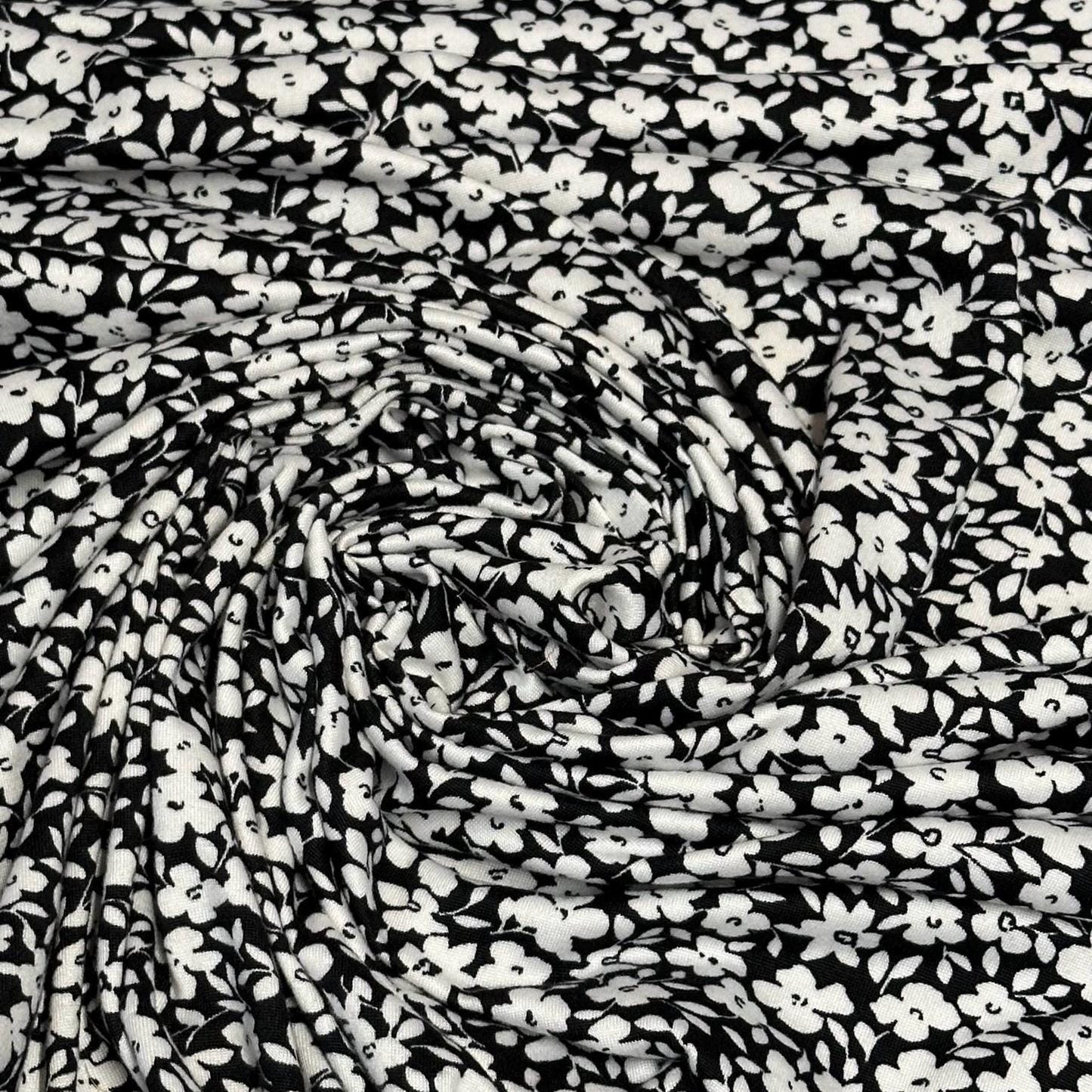 DBP Double Brushed Poly Spandex Print Ditsy Flower Vintage Floral Print By The Yard Black White