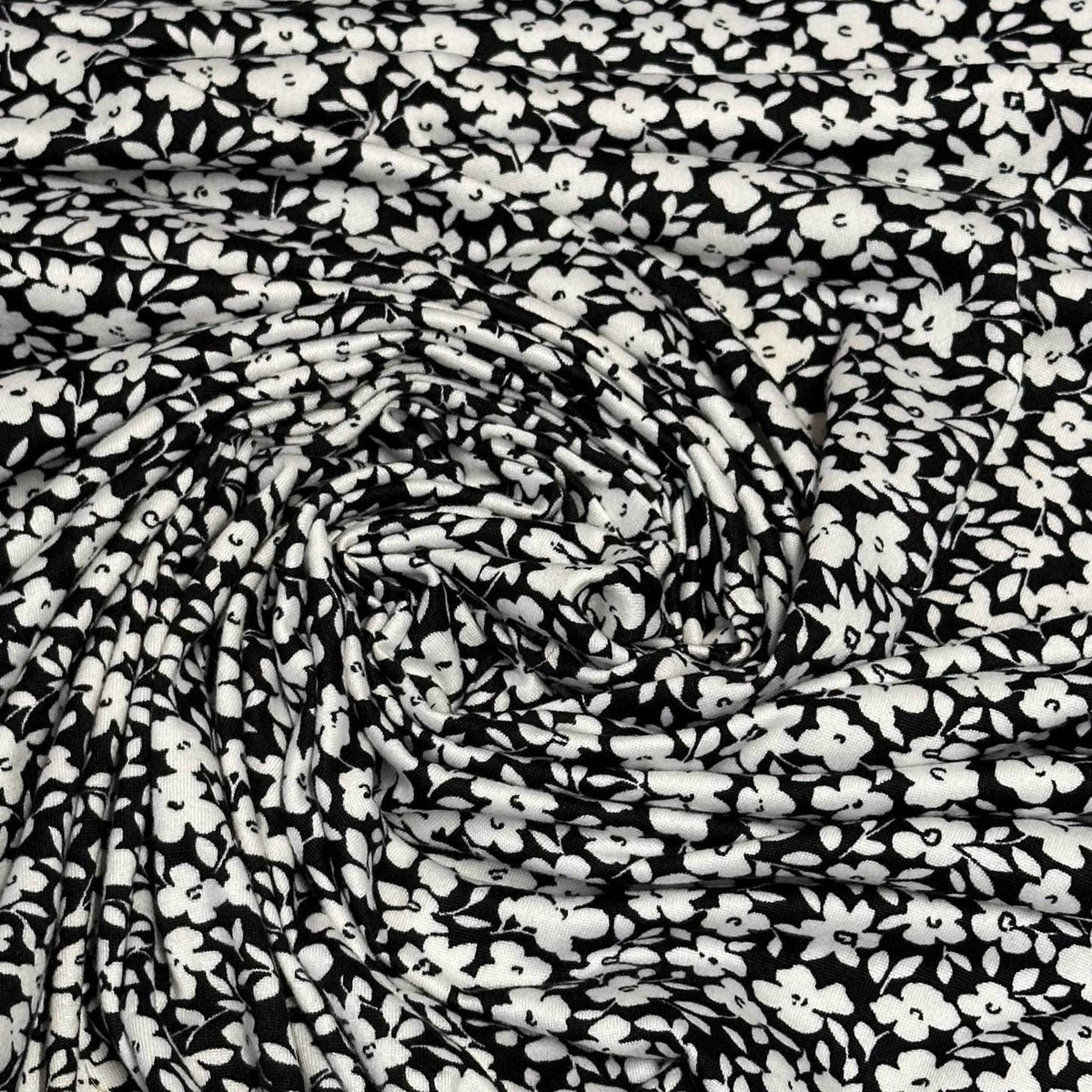 DBP Double Brushed Poly Spandex Print Ditsy Flower Vintage Floral Print By The Yard Black White