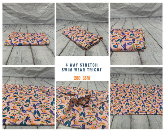 4 Way Stretch Print Spandex Fabric By The Yard Tricot Swim Wear Bikini  Floral Multi Color Bird of Pardise Tucan Flower Print  280 GSM