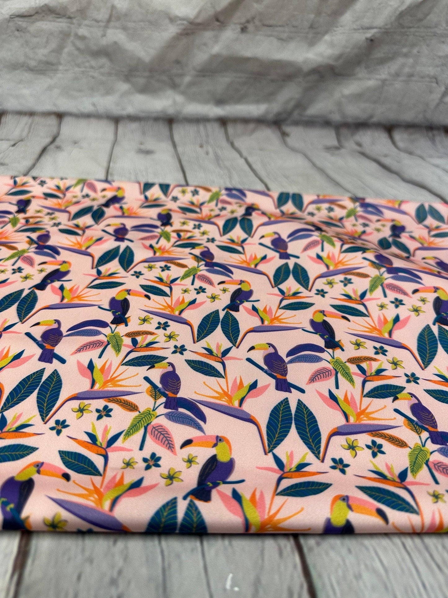4 Way Stretch Print Spandex Fabric By The Yard Tricot Swim Wear Bikini Floral Multi Color Bird of Pardise Tucan Flower Print 280 GSM