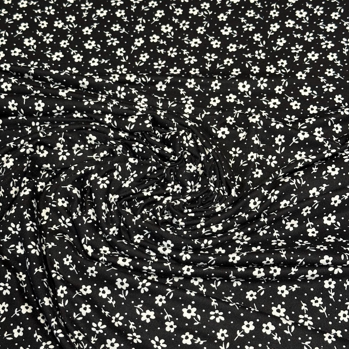 DBP Double Brushed Poly Spandex Print Ditsy Flower Vintage Mini Floral Print By The Yard Black White