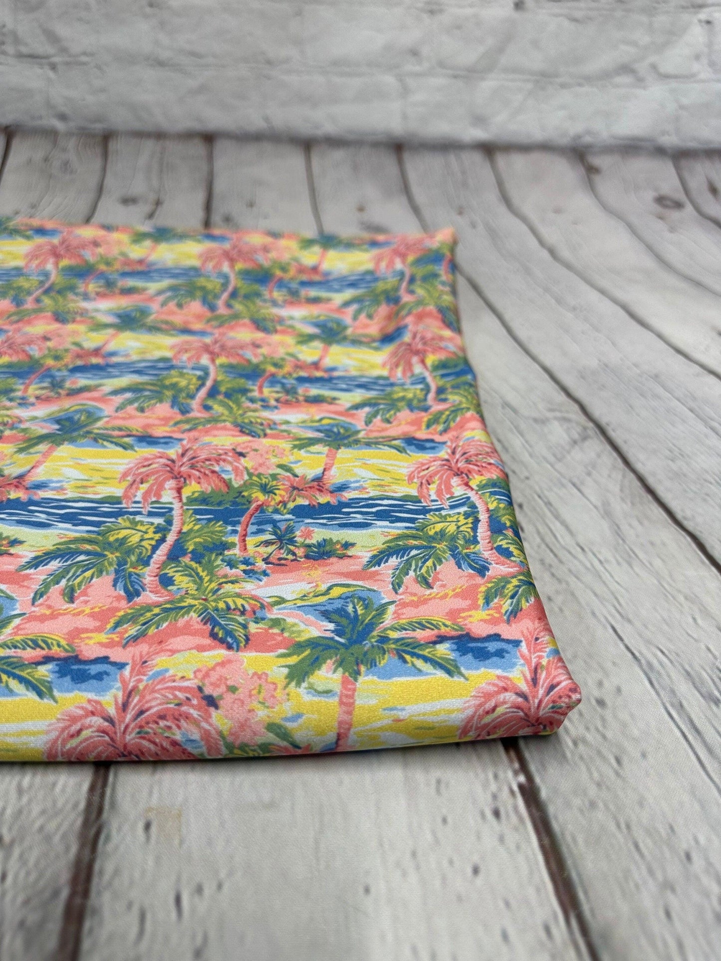 4 Way Stretch Print Spandex Fabric By The Yard Tricot Swim Wear Bikini Tropical Pink Palm Tree Ocean Leaves 280 GSM