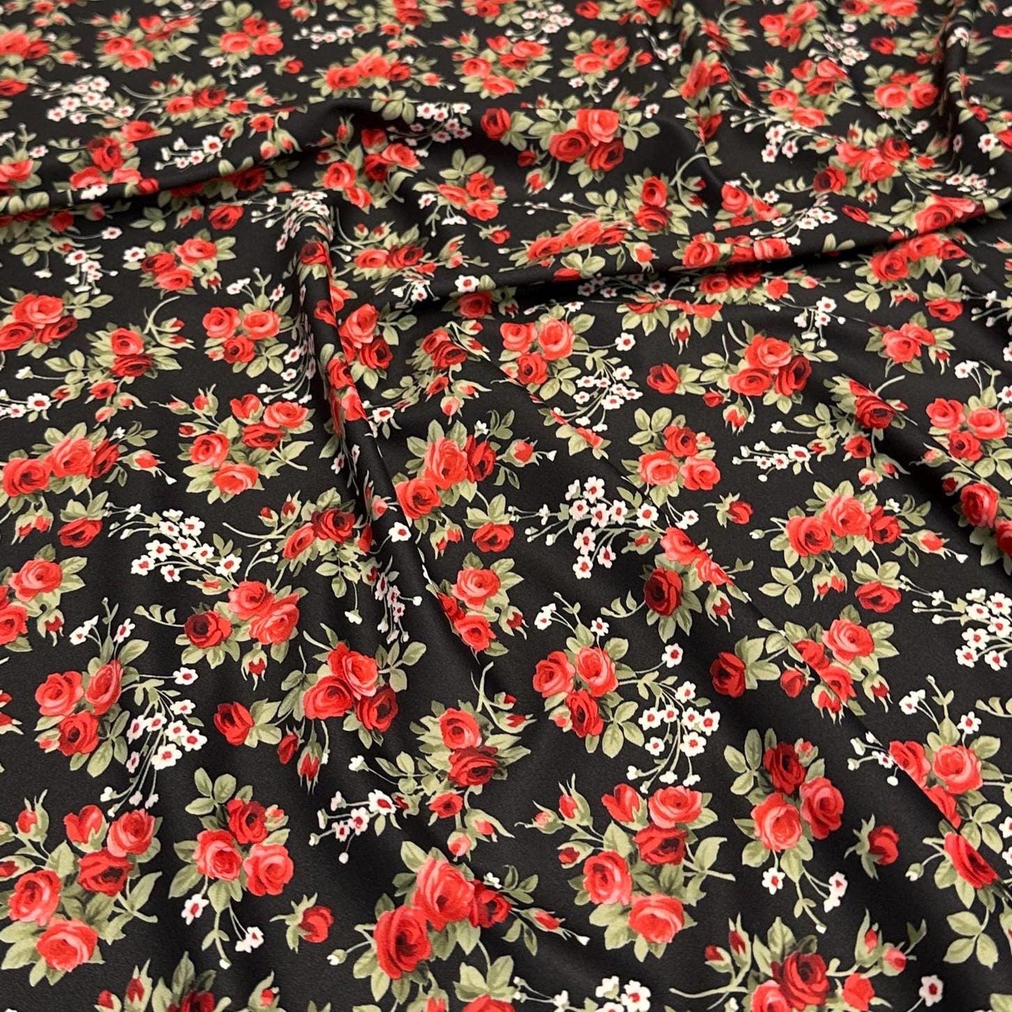 4 Way Stretch Print Nylon Spandex Fabric By The Yard Tricot Swim Wear Bikini Active Wear Mini Flower Rose Black Red Floral
