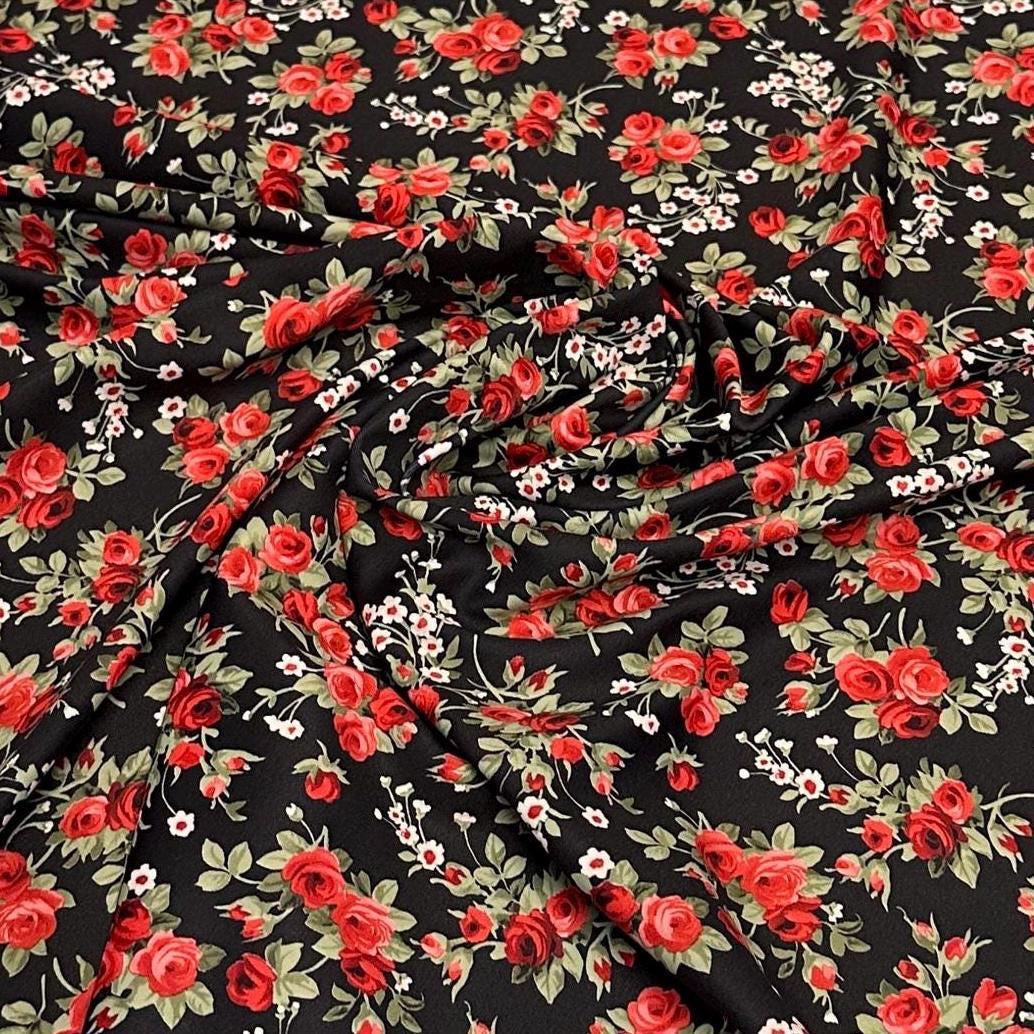 4 Way Stretch Print Nylon Spandex Fabric By The Yard Tricot Swim Wear Bikini Active Wear Mini Flower Rose Black Red Floral