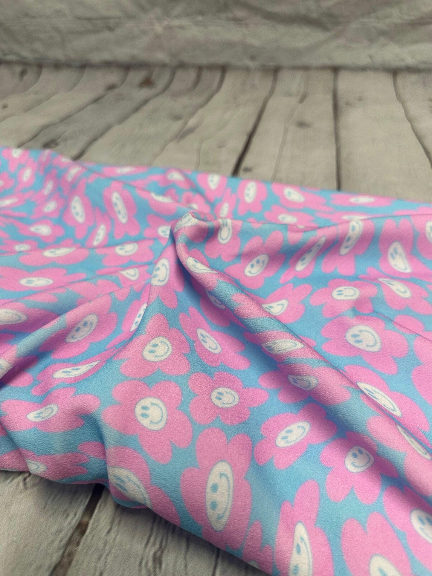 4 Way Stretch Print Poly Spandex Fabric By The Yard Terry Swim Wear Bikini Active Wear Multicolor Daisy Smiley 70s Retro Vintage 300 GSM