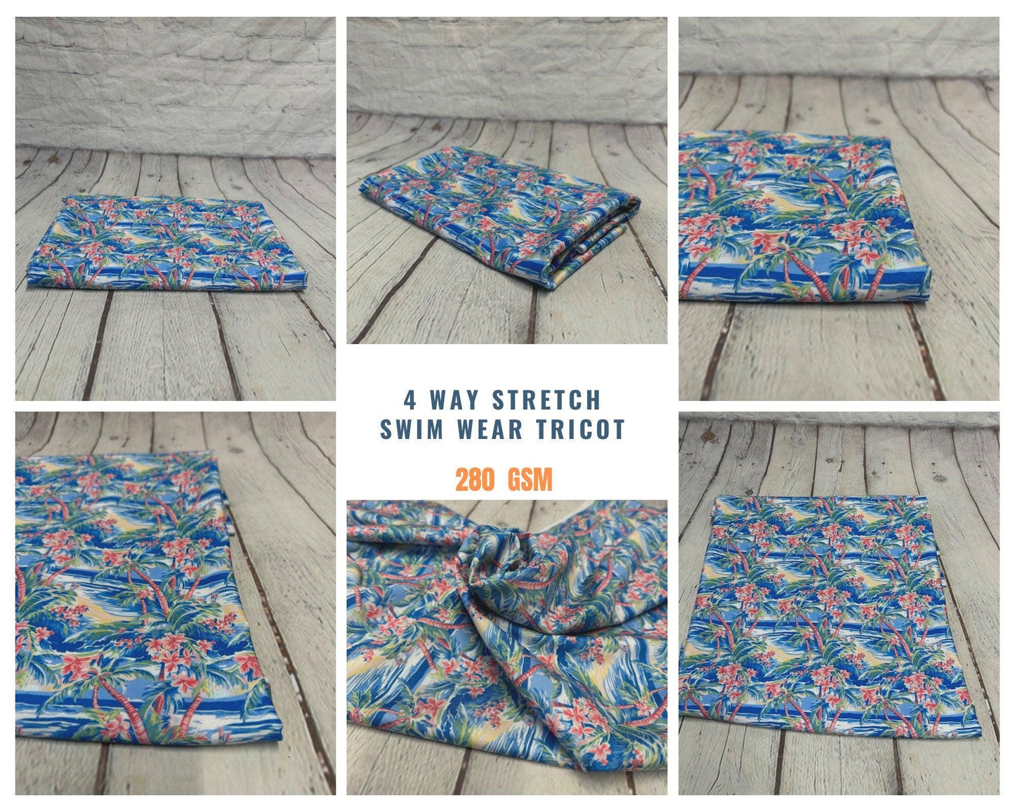 4 Way Stretch Print Spandex Fabric By The Yard Tricot Swim Wear Bikini Tropical Blue Pink Palm Tree Ocean Leaves 280 GSM