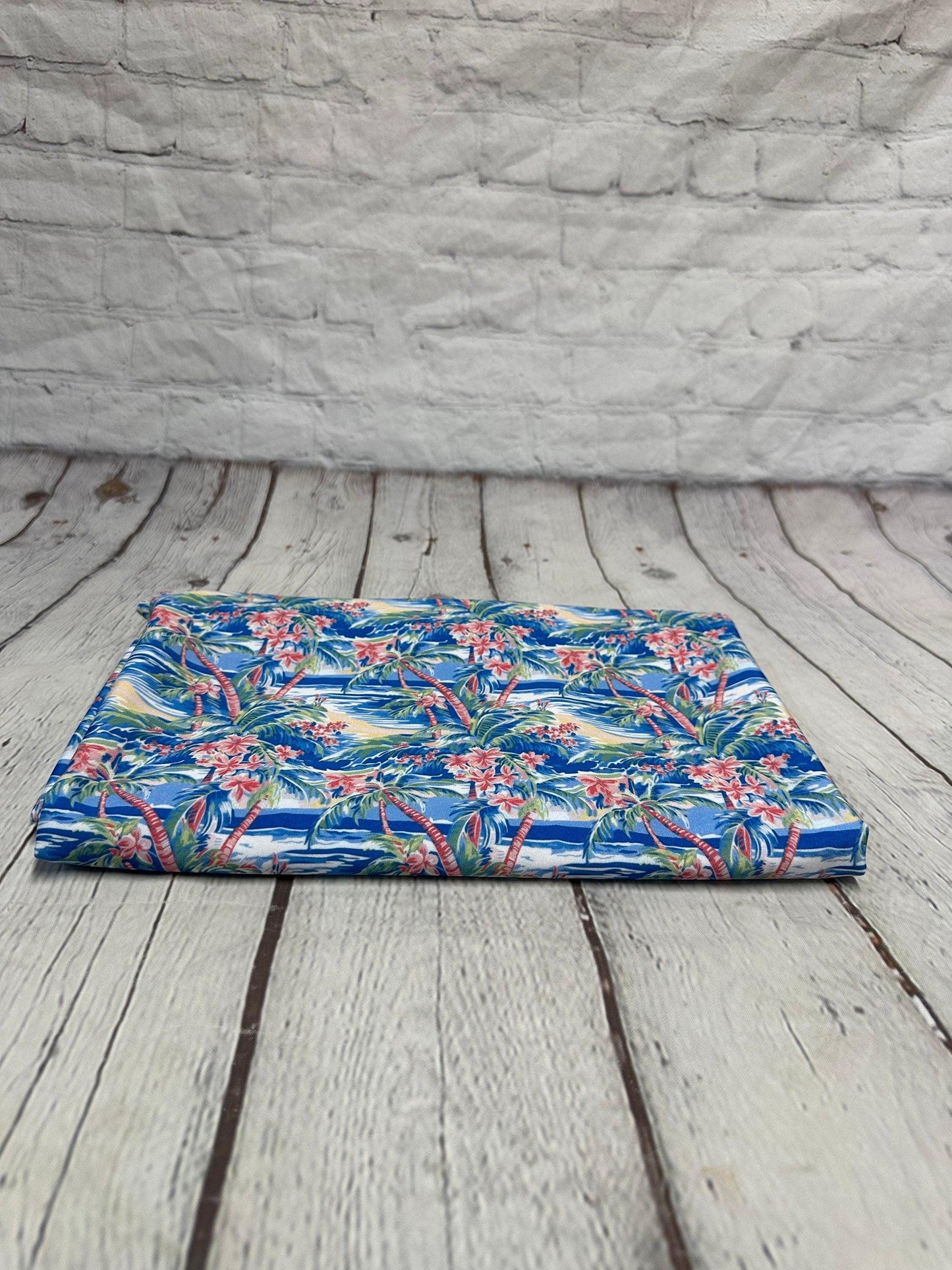 4 Way Stretch Print Spandex Fabric By The Yard Tricot Swim Wear Bikini Tropical Blue Pink Palm Tree Ocean Leaves 280 GSM