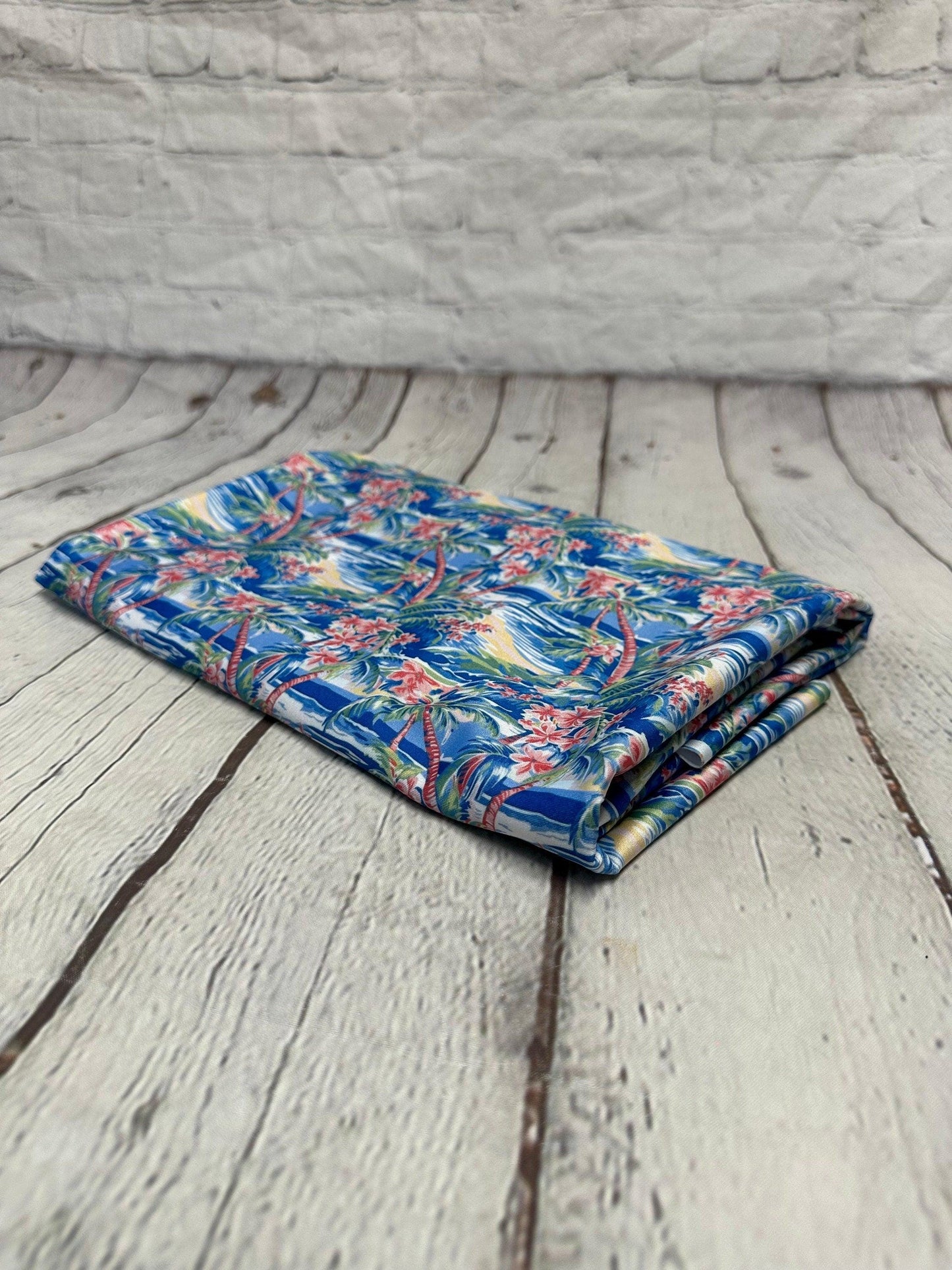 4 Way Stretch Print Spandex Fabric By The Yard Tricot Swim Wear Bikini Tropical Blue Pink Palm Tree Ocean Leaves 280 GSM
