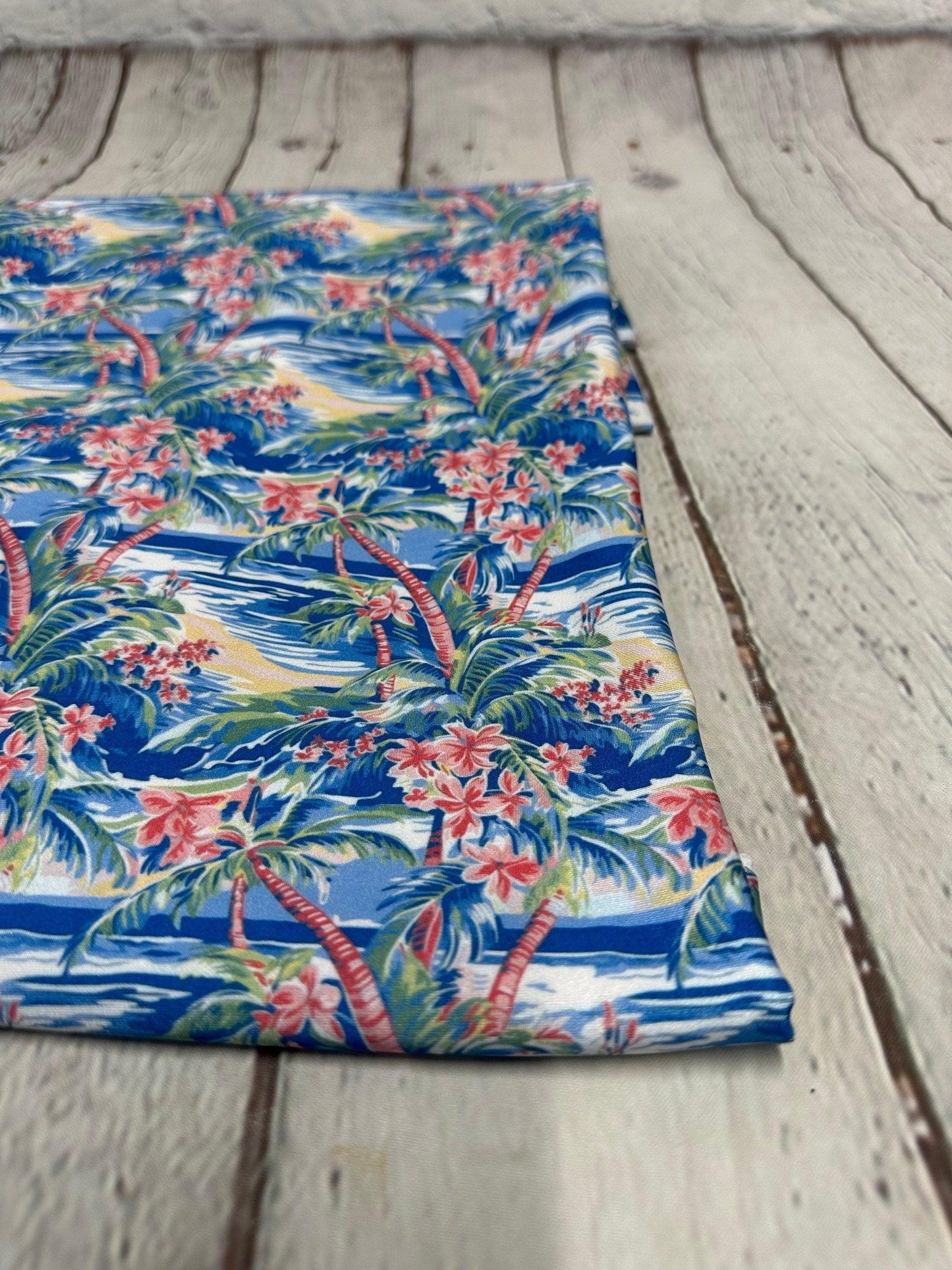 4 Way Stretch Print Spandex Fabric By The Yard Tricot Swim Wear Bikini Tropical Blue Pink Palm Tree Ocean Leaves 280 GSM