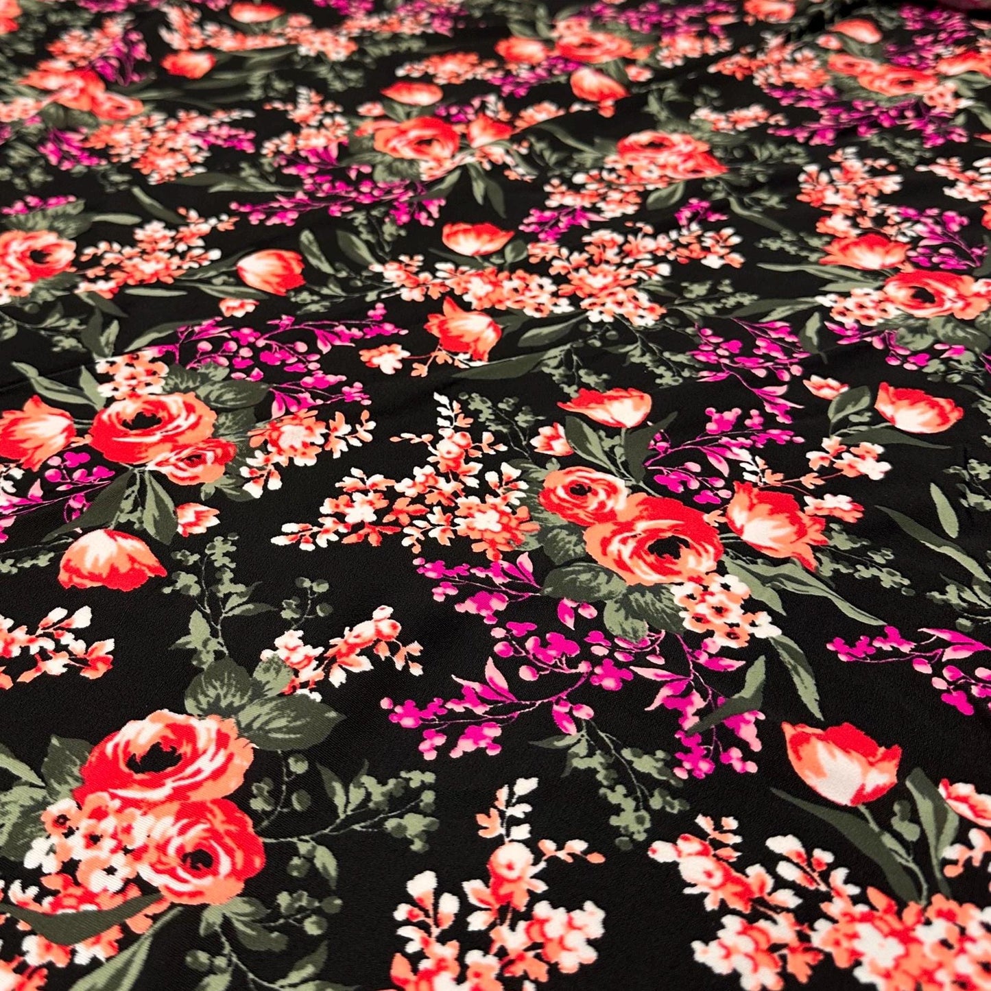 4 Way Stretch Print Nylon Spandex Fabric By The Yard Tricot Swim Wear Bikini Active Wear Tropical Floral Flower Black Magenta Red