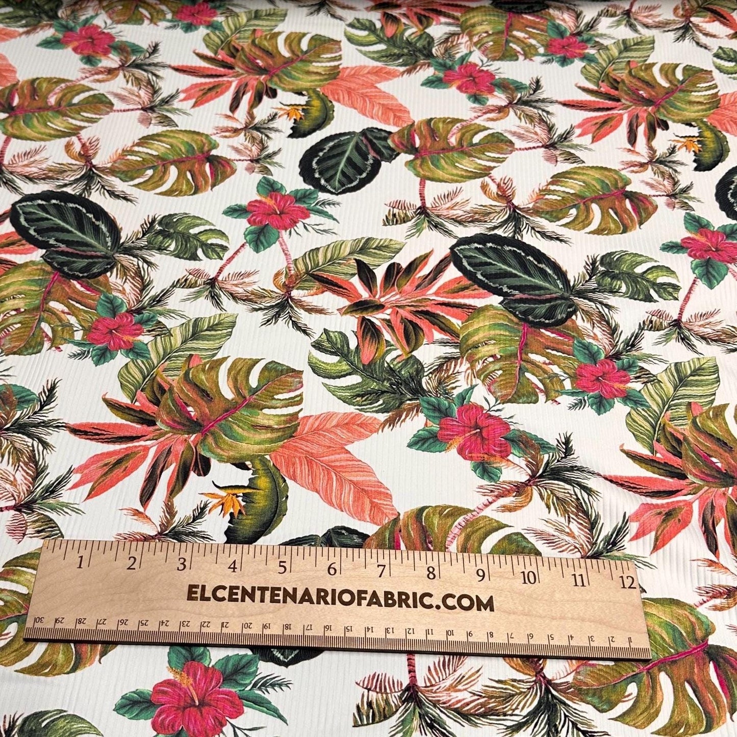 4 Way Stretch Print Rib Nylon Spandex Fabric By The Yard Tricot Swim Wear Bikini Active Wear Leaf Tropical Tree