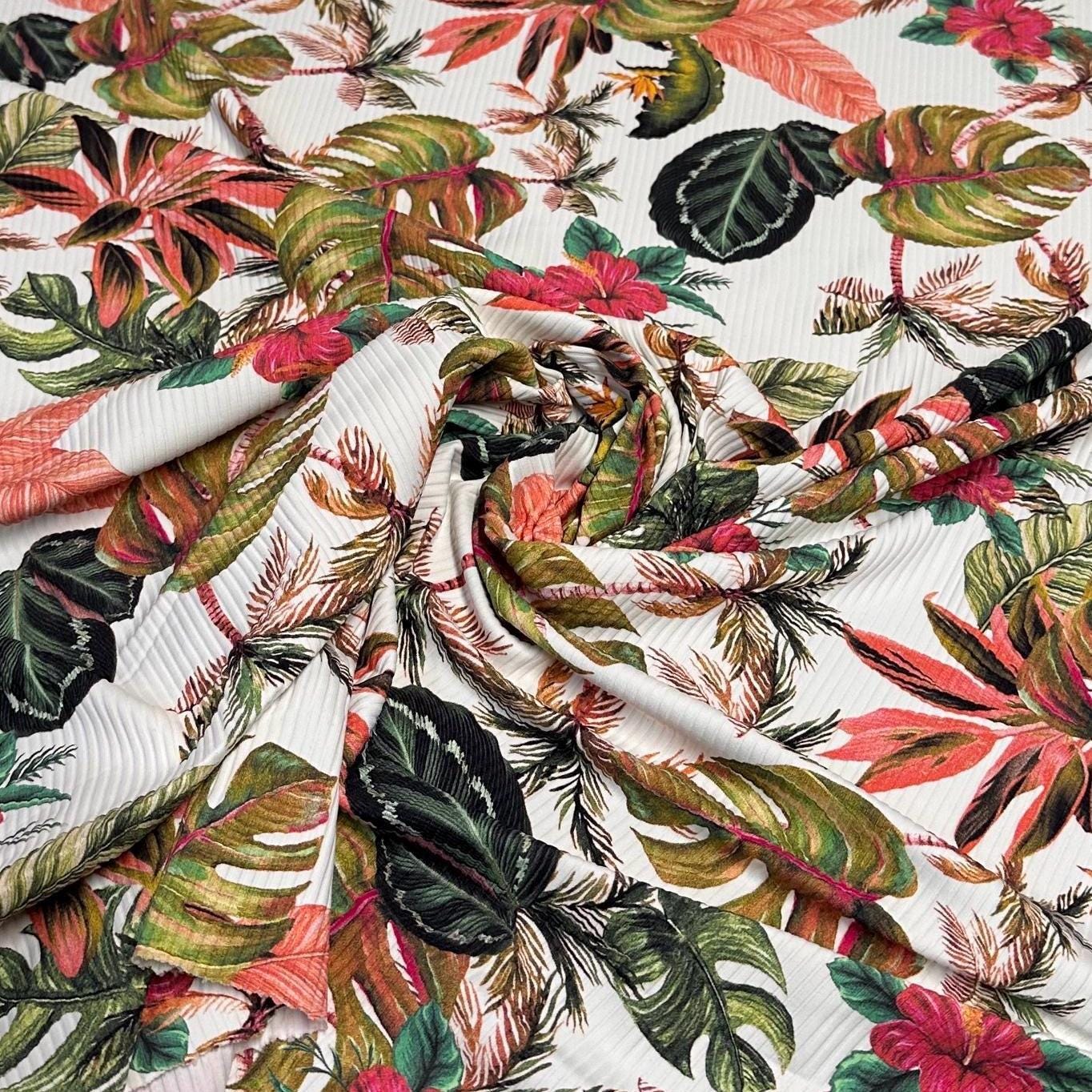 4 Way Stretch Print Rib Nylon Spandex Fabric By The Yard Tricot Swim Wear Bikini Active Wear Leaf Tropical Tree
