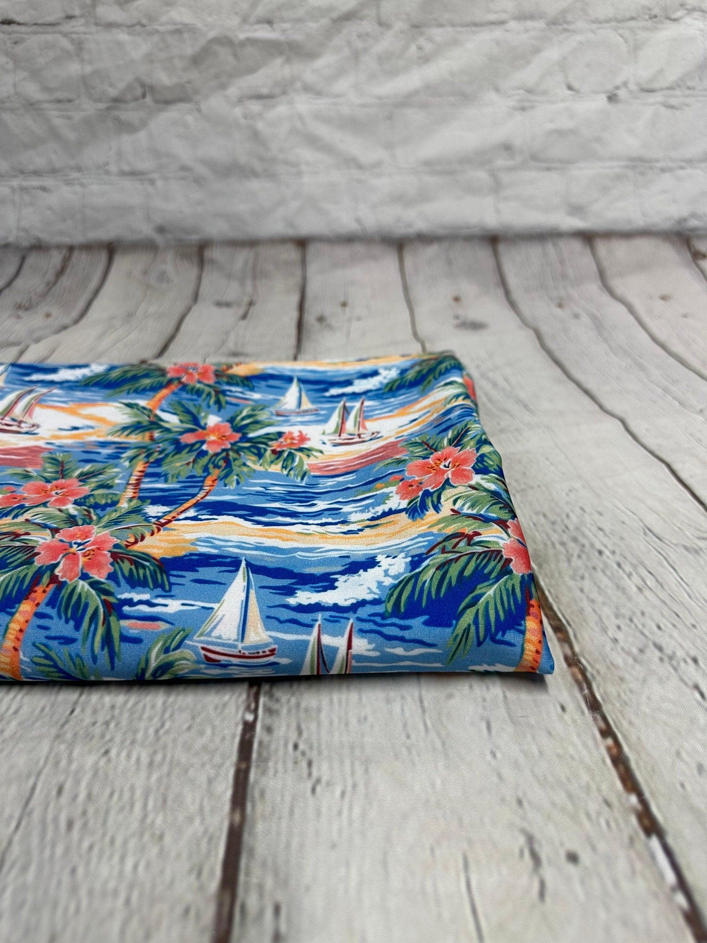 4 Way Stretch Print Spandex Fabric By The Yard Tricot Swim Wear Bikini Tropical Blue Coral Palm Tree Ocean Leaves 280 GSM