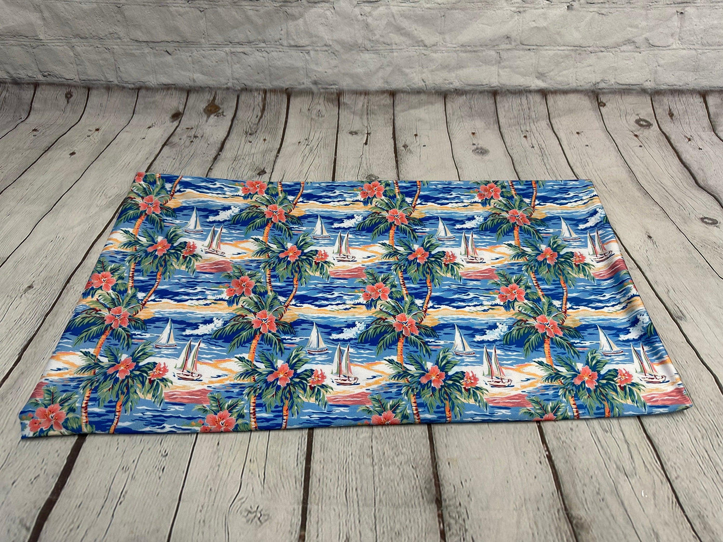 4 Way Stretch Print Spandex Fabric By The Yard Tricot Swim Wear Bikini Tropical Blue Coral Palm Tree Ocean Leaves 280 GSM