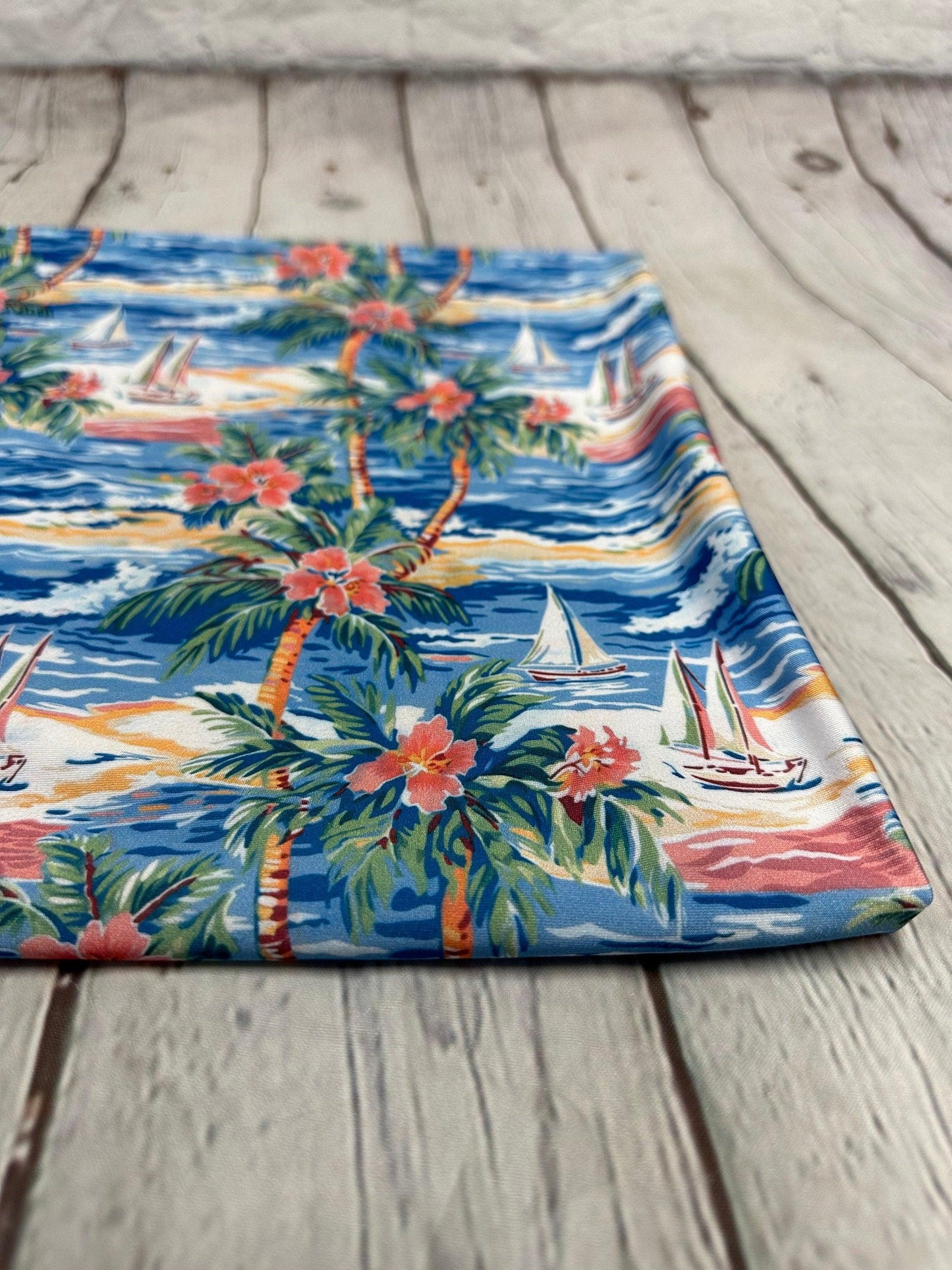 4 Way Stretch Print Spandex Fabric By The Yard Tricot Swim Wear Bikini Tropical Blue Coral Palm Tree Ocean Leaves 280 GSM