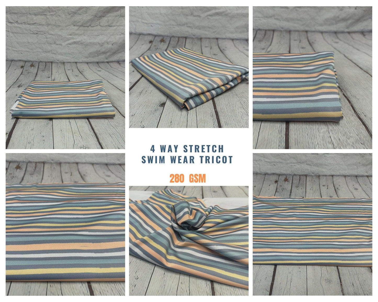 4 Way Stretch Print Nylon Spandex Fabric By The Yard Tricot Swim Wear Bikini Active Boho Vinatge Multi Color Stripe Print 280 GSM
