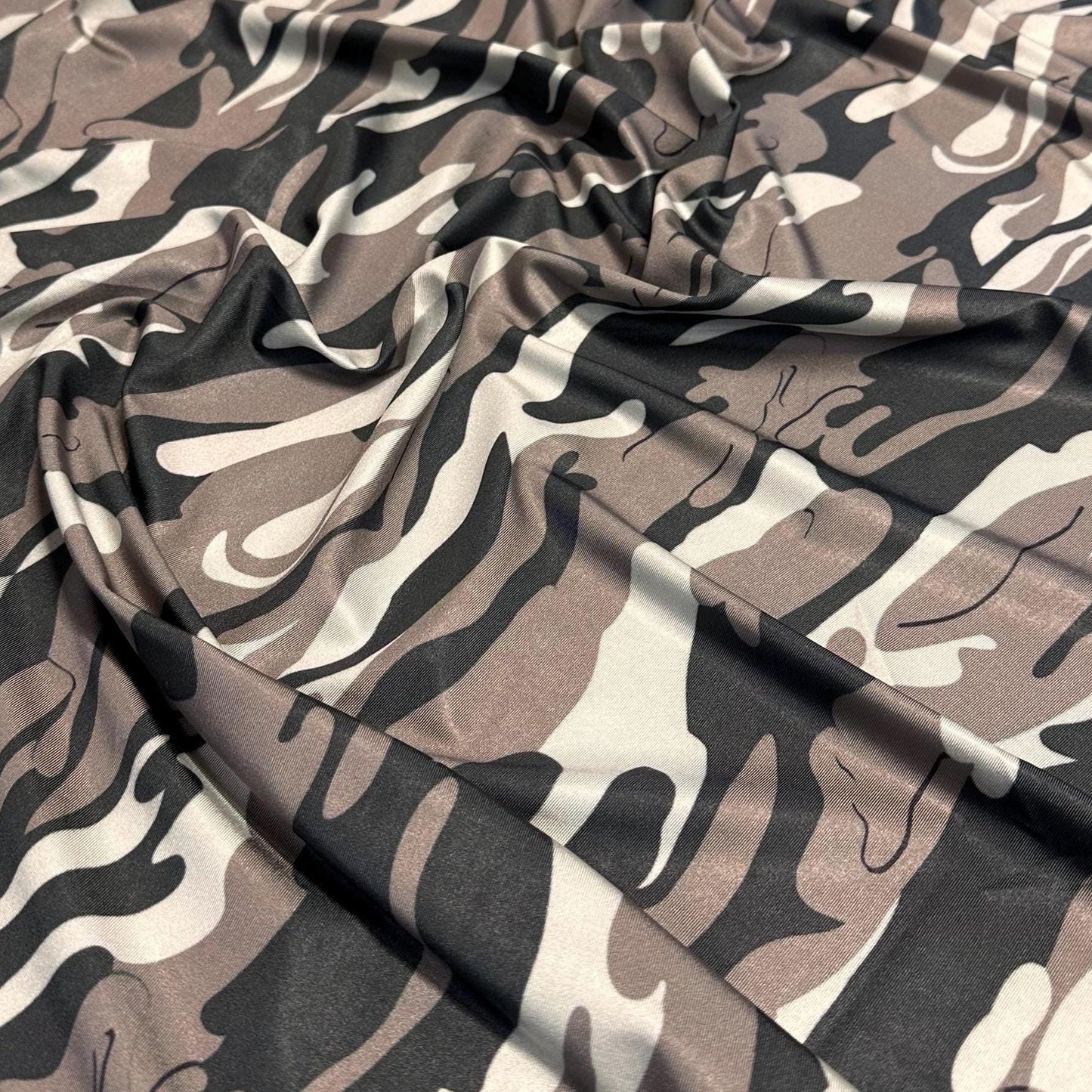 4 Way Stretch Print Nylon Spandex Fabric By The Yard Tricot Swim Wear Bikini Active Wear Camouflage Army Camo Grey Mocha Black