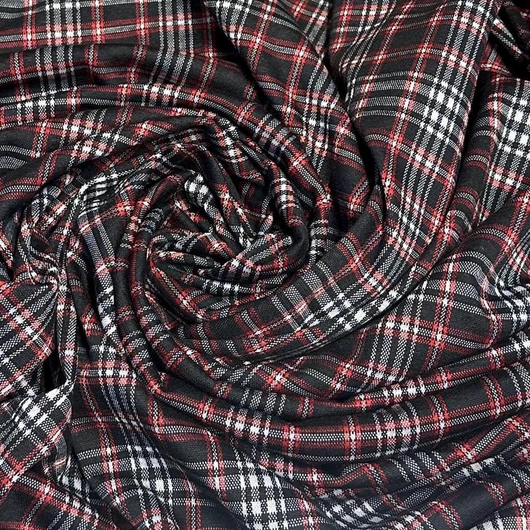 2 Way Stretch Double Knit Black Red Plaid Polyester Spandex Fabric By The Yard Grey Black
