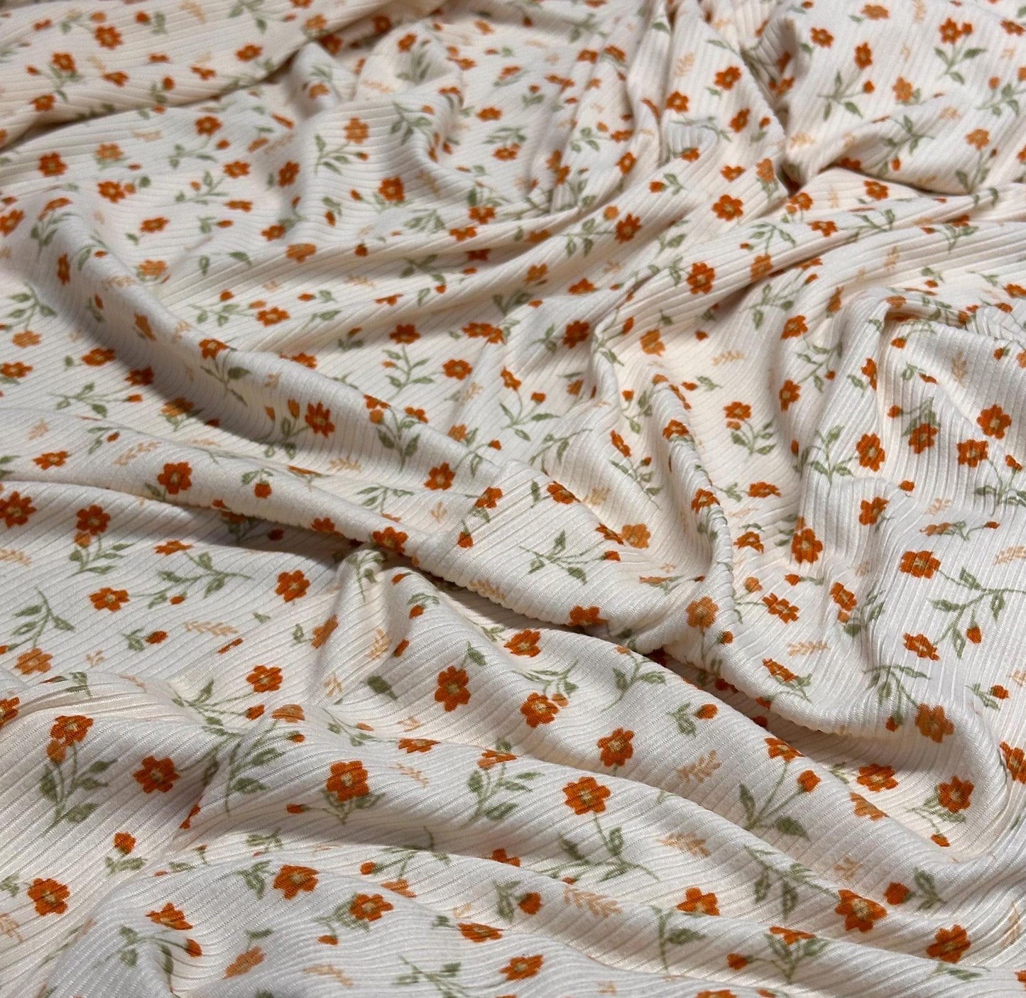 DBP 4x2 Rib Knit Mini Flower Double Brushed Polyester Spandex Vintage Ditsy Daisy Floral Monotone Cream Coral Fabric By The Yard
