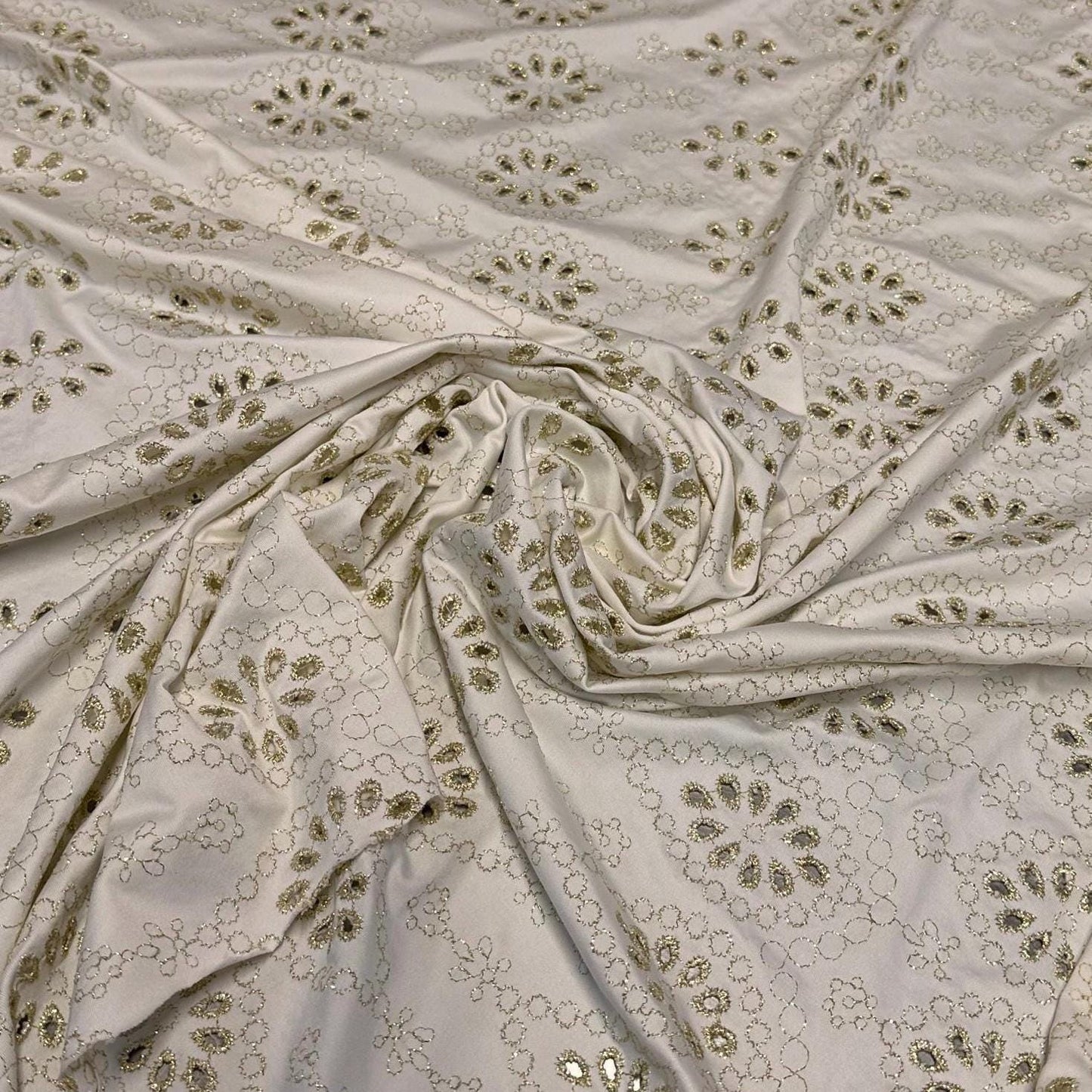 4 Way Stretch Print Nylon Spandex Fabric By The Yard Tricot Swim Wear Bikini Active Wear Embroidered Texture Eyelet Ivory Gold Lurix