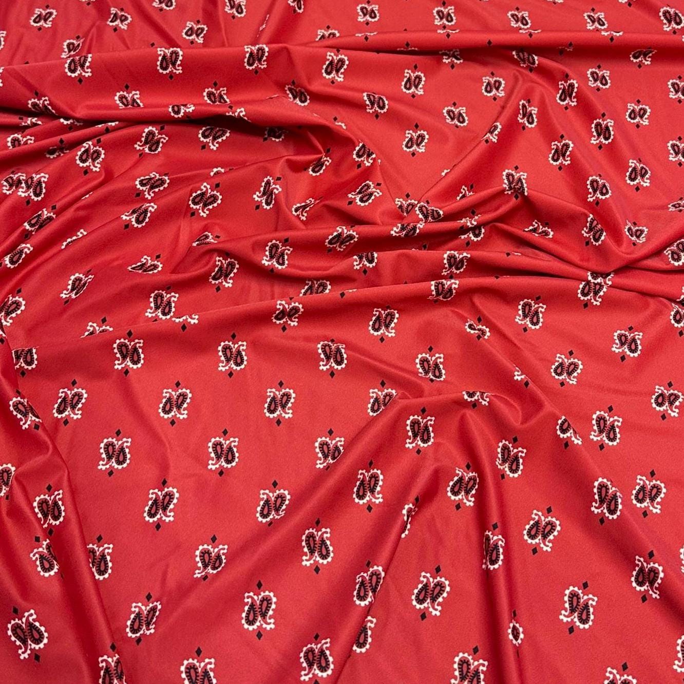 4 Way Stretch Print Nylon Spandex Fabric By The Yard Tricot Swim Wear Bikini Active Wear Red Paisley Print Bandanna