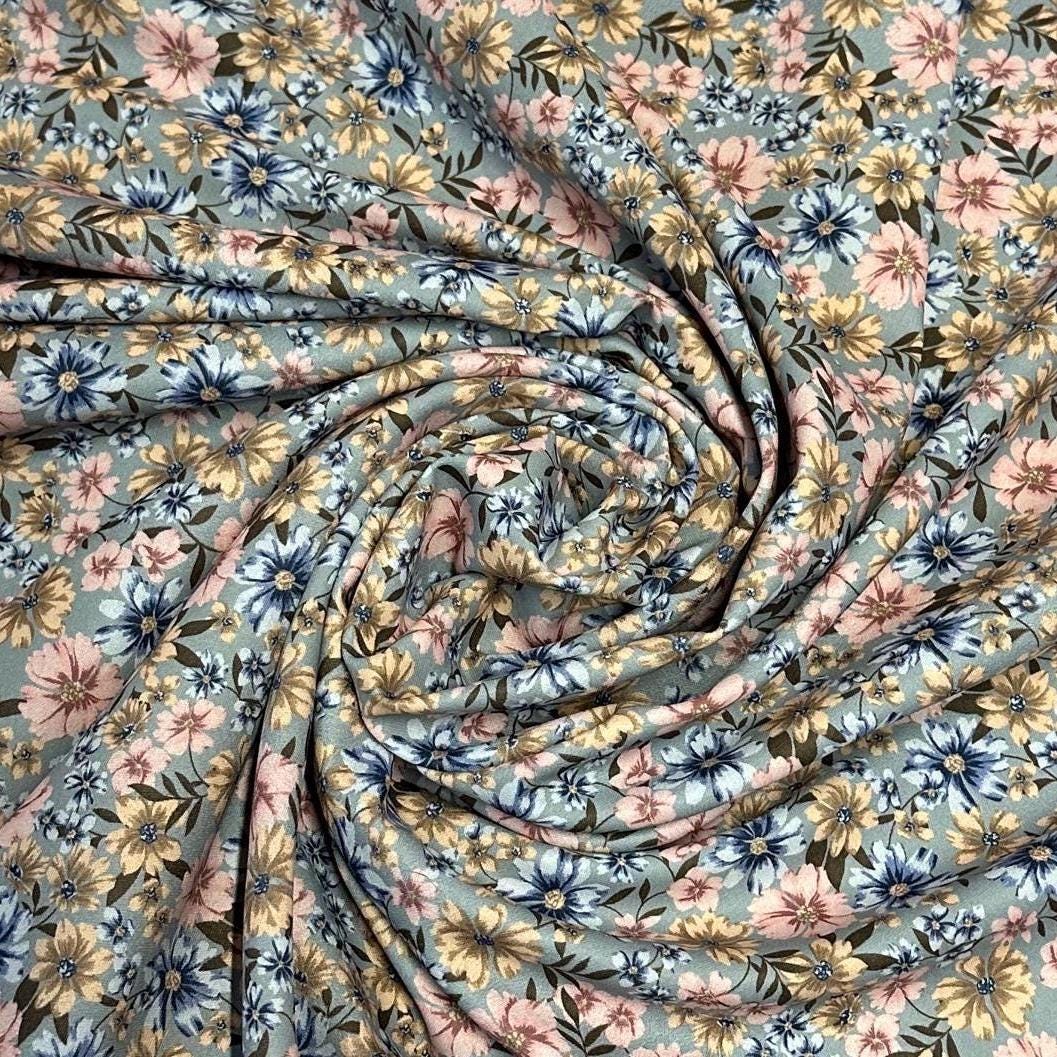 Airflow Woven Print Fabric By The Yard Small Multi Color Summer Floral Print Blue Rose