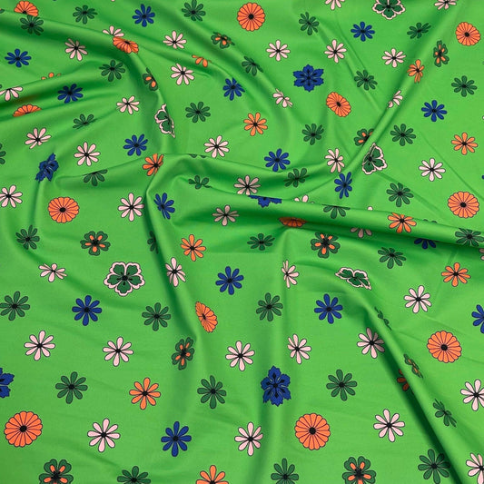 4 Way Stretch Print Nylon Spandex Fabric By The Yard Tricot Swim Wear Bikini Active Wear Green Ditsy Flower Daisy Floral