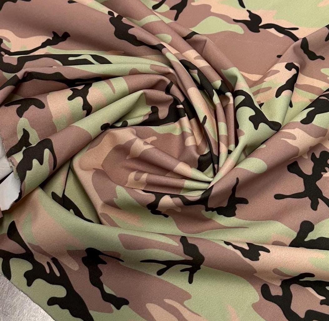4 Way Stretch Print Nylon Spandex Fabric By The Yard Tricot Swim Wear Bikini Active Wear Camouflage Army Camo Green Tan