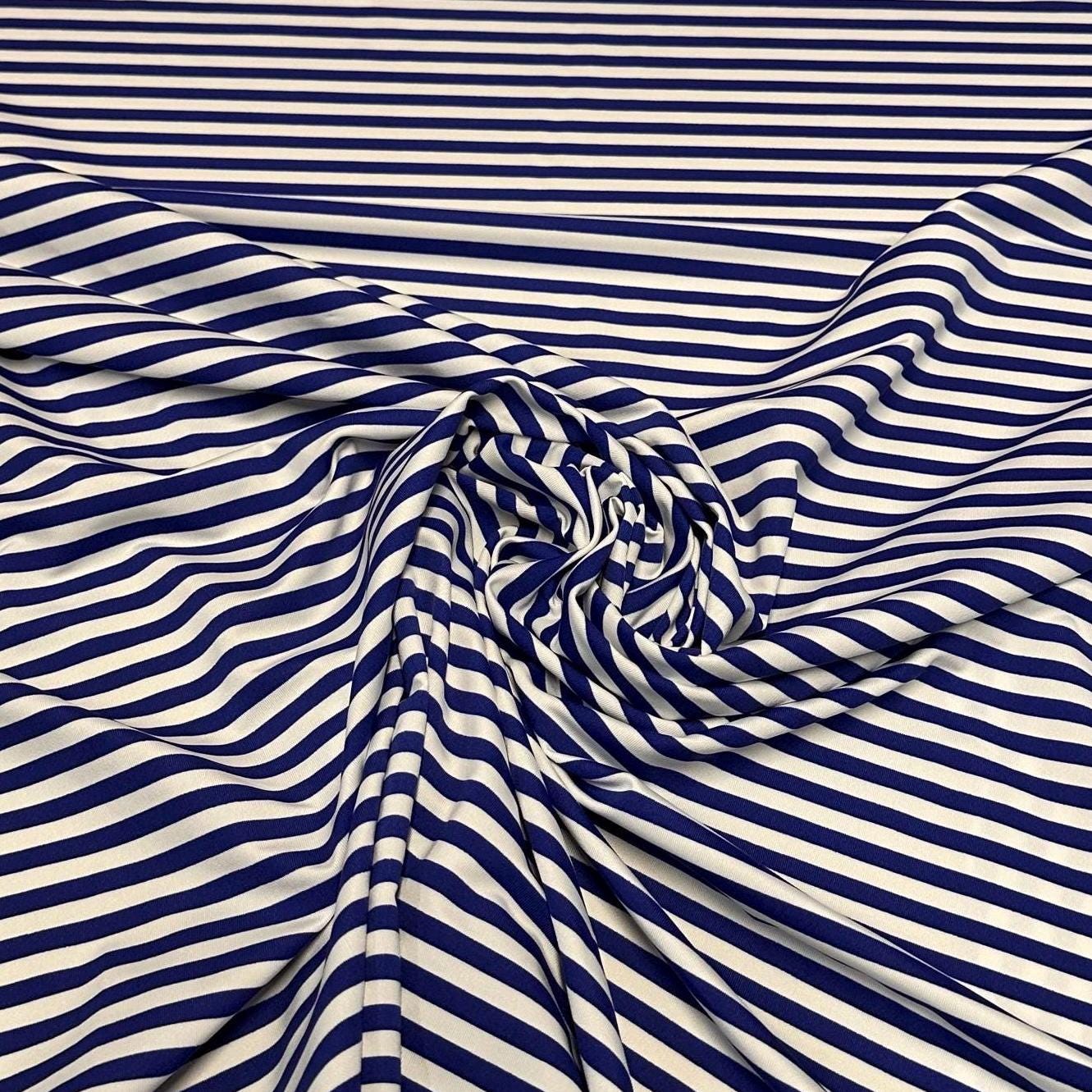 4 Way Stretch Print Nylon Spandex Fabric By The Yard Tricot Swim Wear Bikini Active Wear 1/4 Inch Classic Stripe Royal Blue White