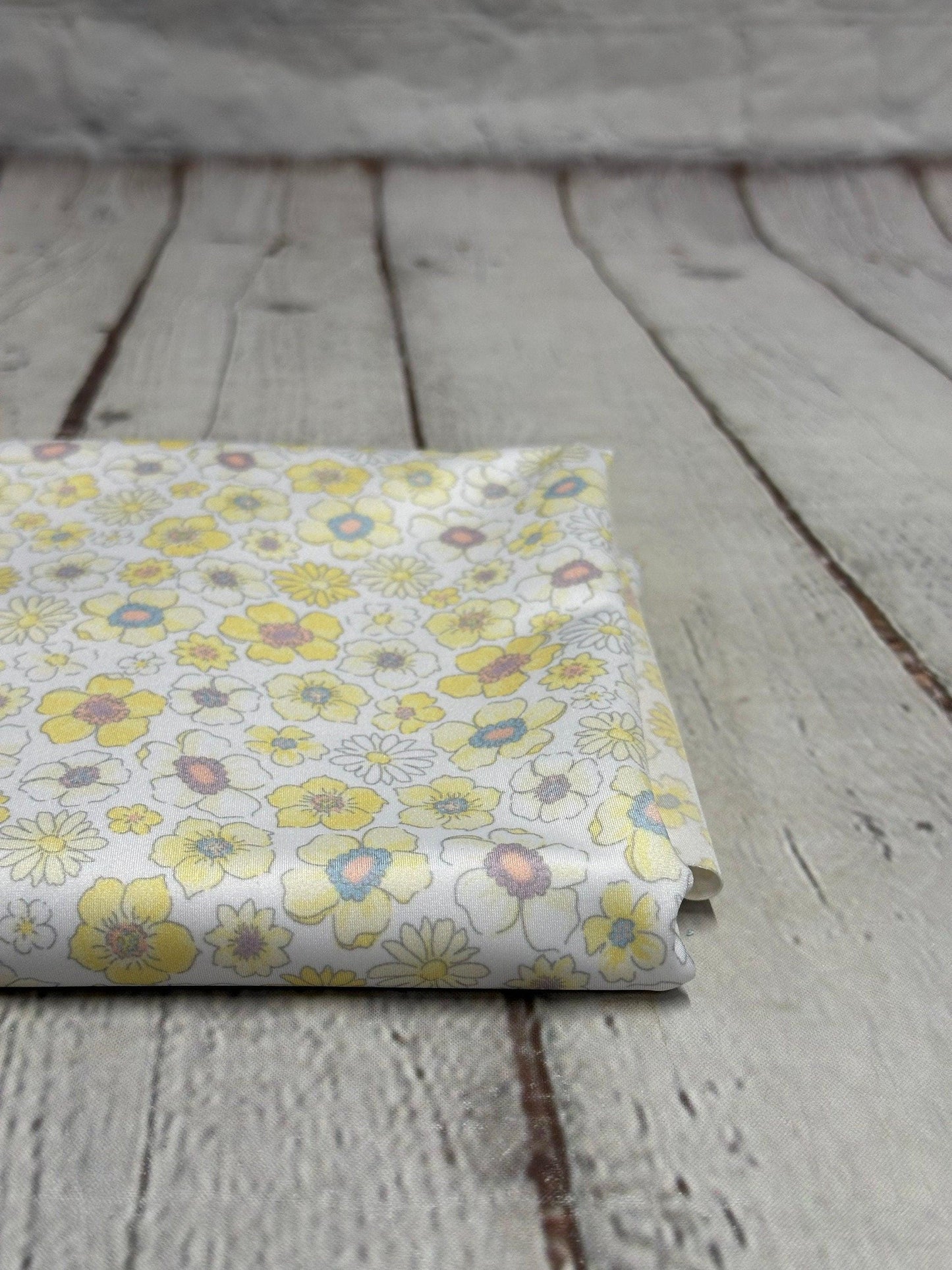 4 Way Stretch Tricot Print Spandex Fabric By The Yard Tricot Swim Wear Bikini Soft Pastel Small Ditsy Flower Foral Yellow Banana Daisy