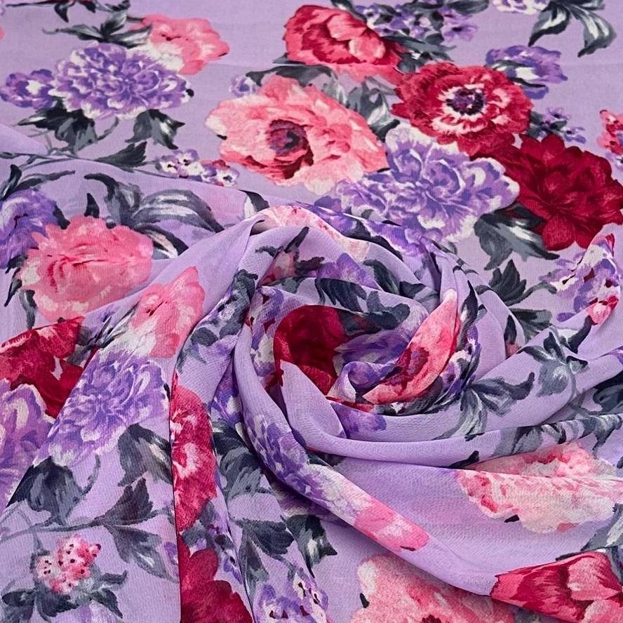 Polyester Chiffon Woven Print Fabric By The Yard Lavender Rose Flower Summer Floral Print Summer Flowy Dress