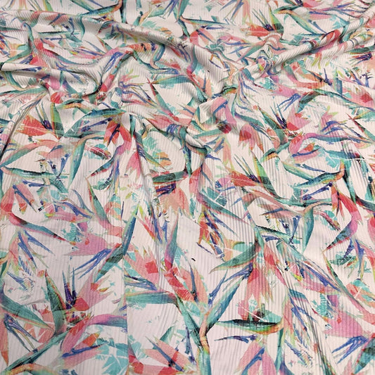 4 Way Stretch Print Rib Nylon Spandex Fabric By The Yard Tricot Swim Wear Bikini Active Wear Bird of Paradise Leaf Tropical Tree