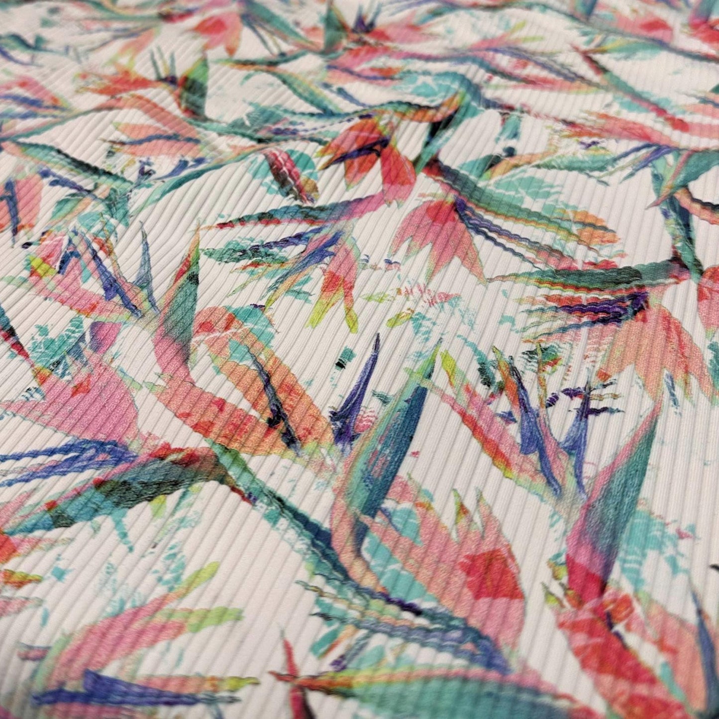 4 Way Stretch Print Rib Nylon Spandex Fabric By The Yard Tricot Swim Wear Bikini Active Wear Bird of Paradise Leaf Tropical Tree