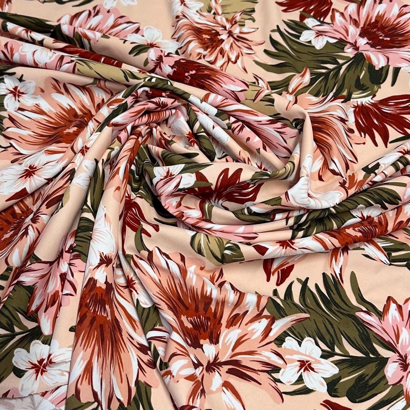 4 Way Stretch Print Nylon Spandex Fabric By The Yard Tricot Swim Wear Bikini Active Wear Carnation Floral Tropical Floral Print Nude Beige