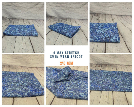 4 Way Stretch Print Nylon Spandex Fabric By The Yard Tricot Swim Wear Bikini Active Wear Blue Paisley 70s Retro Vintage 260 GSM