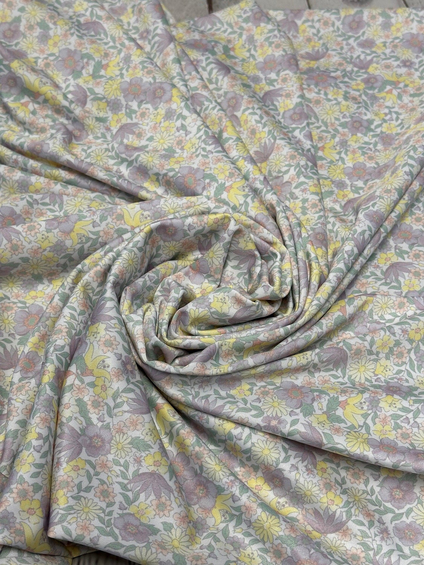4 Way Stretch Tricot Print Spandex Fabric By The Yard Tricot Swim Wear Bikini Soft Pastel Small Ditsy Flower Foral Lilac Yellow Daisy