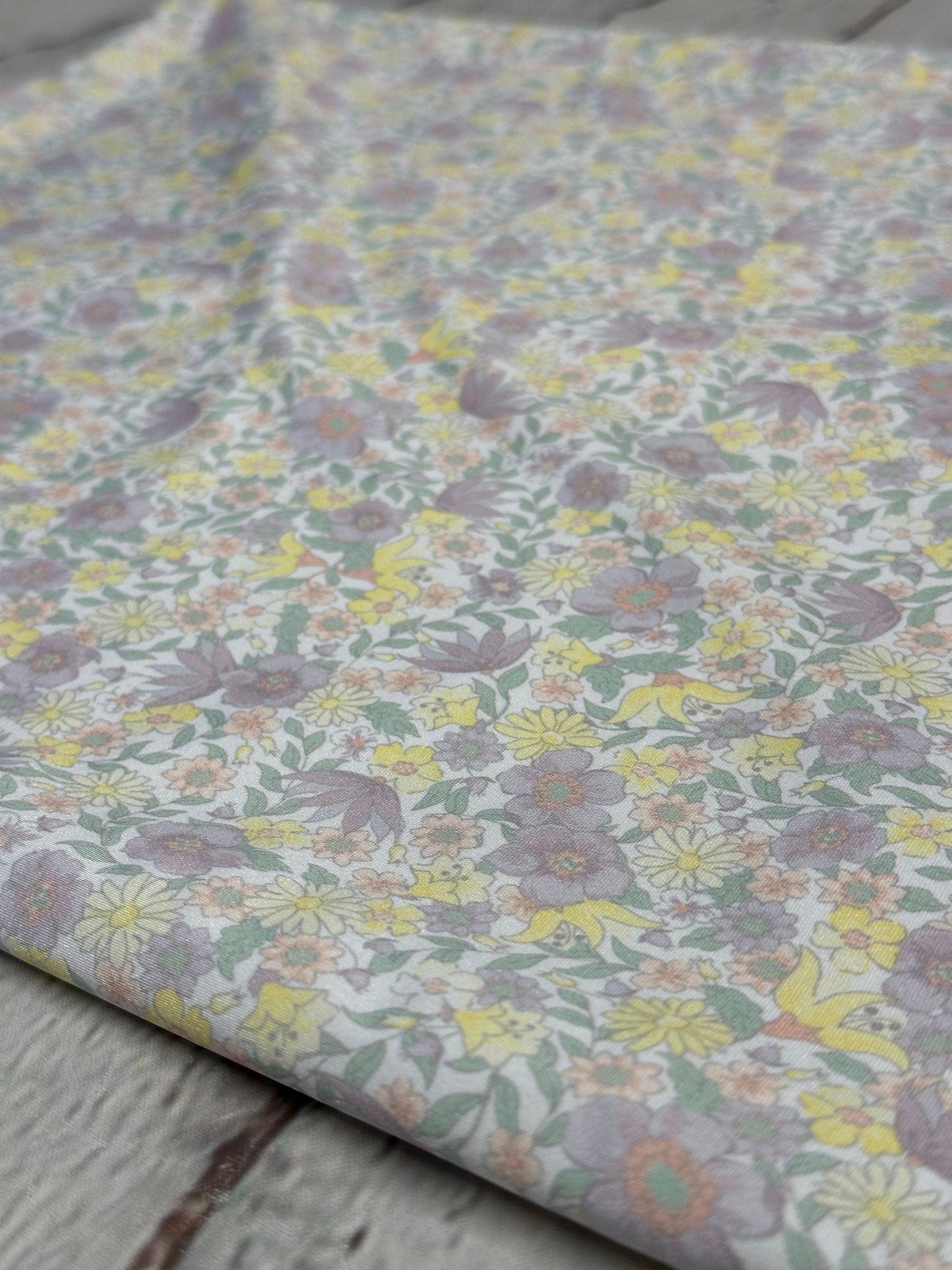4 Way Stretch Tricot Print Spandex Fabric By The Yard Tricot Swim Wear Bikini Soft Pastel Small Ditsy Flower Foral Lilac Yellow Daisy