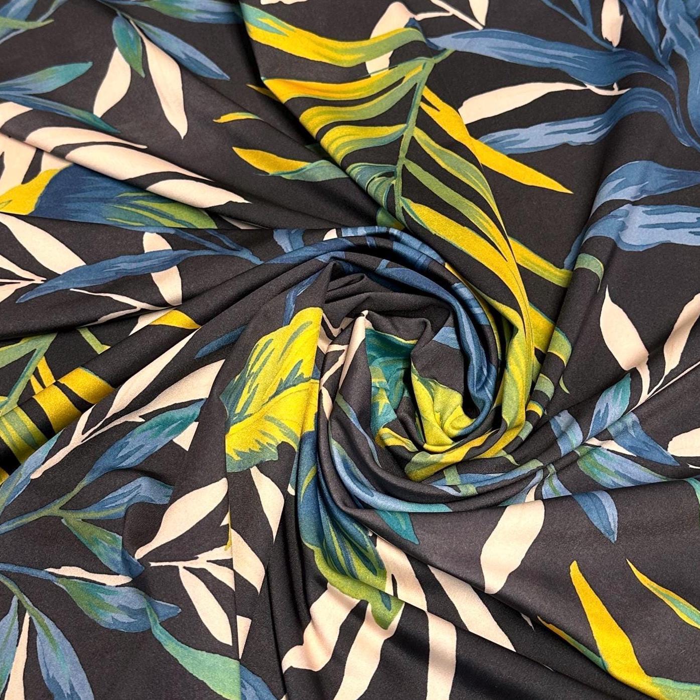 4 Way Stretch Assorted Print Nylon Spandex Fabric By The Yard Tricot Swim Wear Bikini  Blue Yellow Tropical Palm Leaf Floral Print