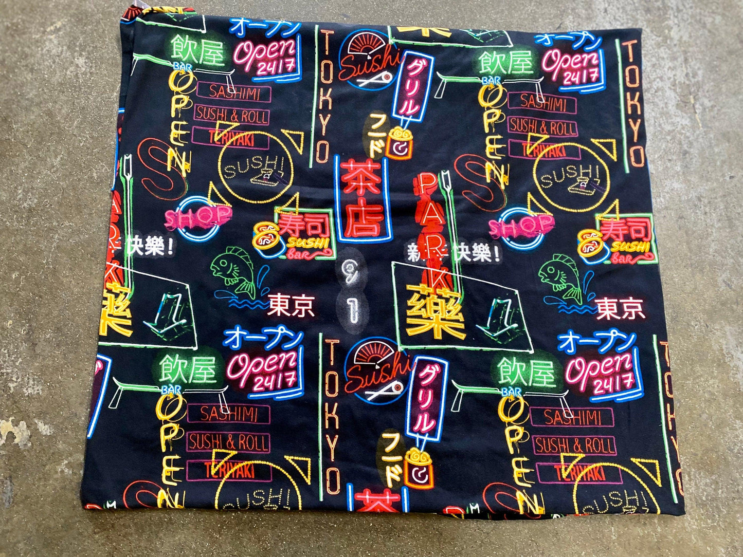 DBP Neon Lights Sushi Tokyo Print Double Brushed Poly Fabric By The Yard